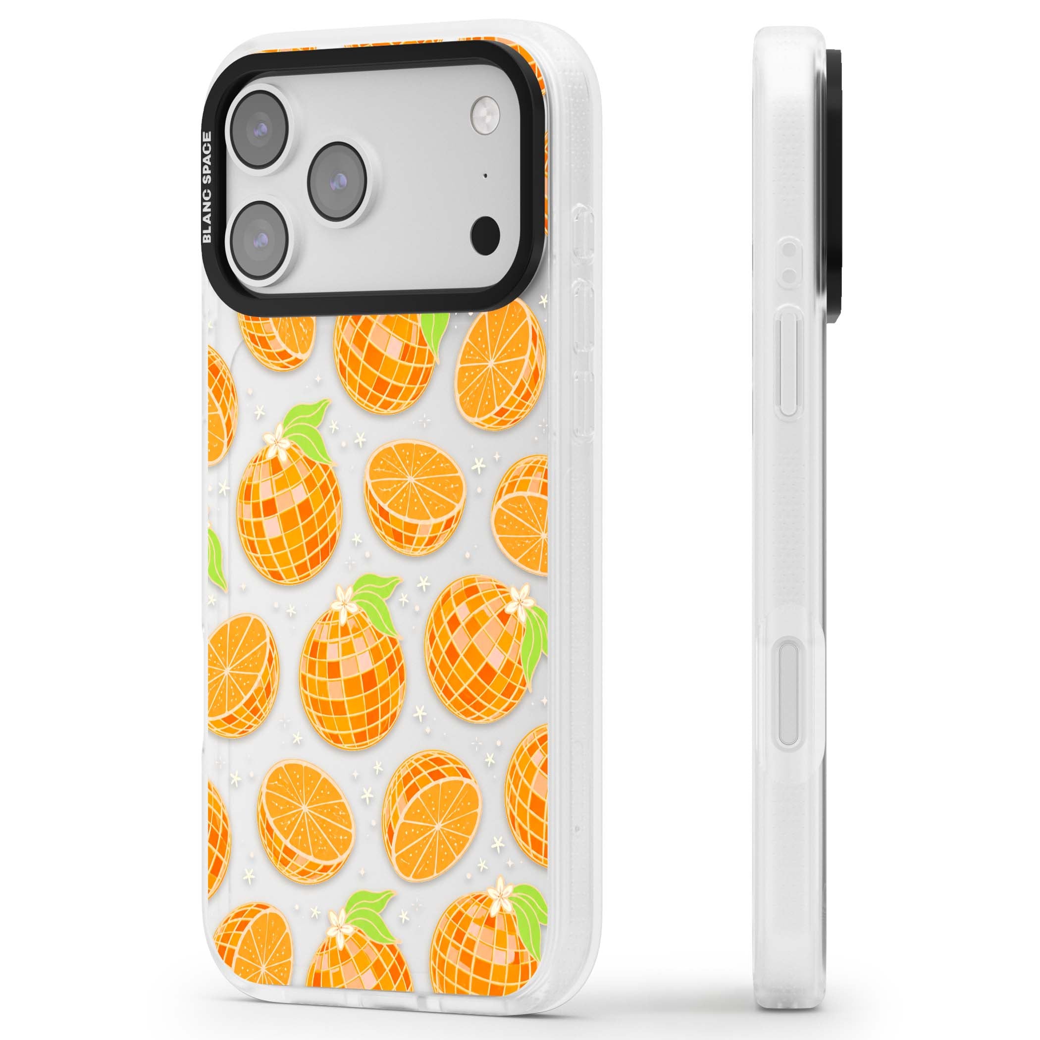 Disco Oranges retro iPhone case featuring mirrorball oranges, citrus slices and tiny blossoms on clear | Clear Case Impact Air case for iPhone 17 Pro, iPhone 17 Pro Max
