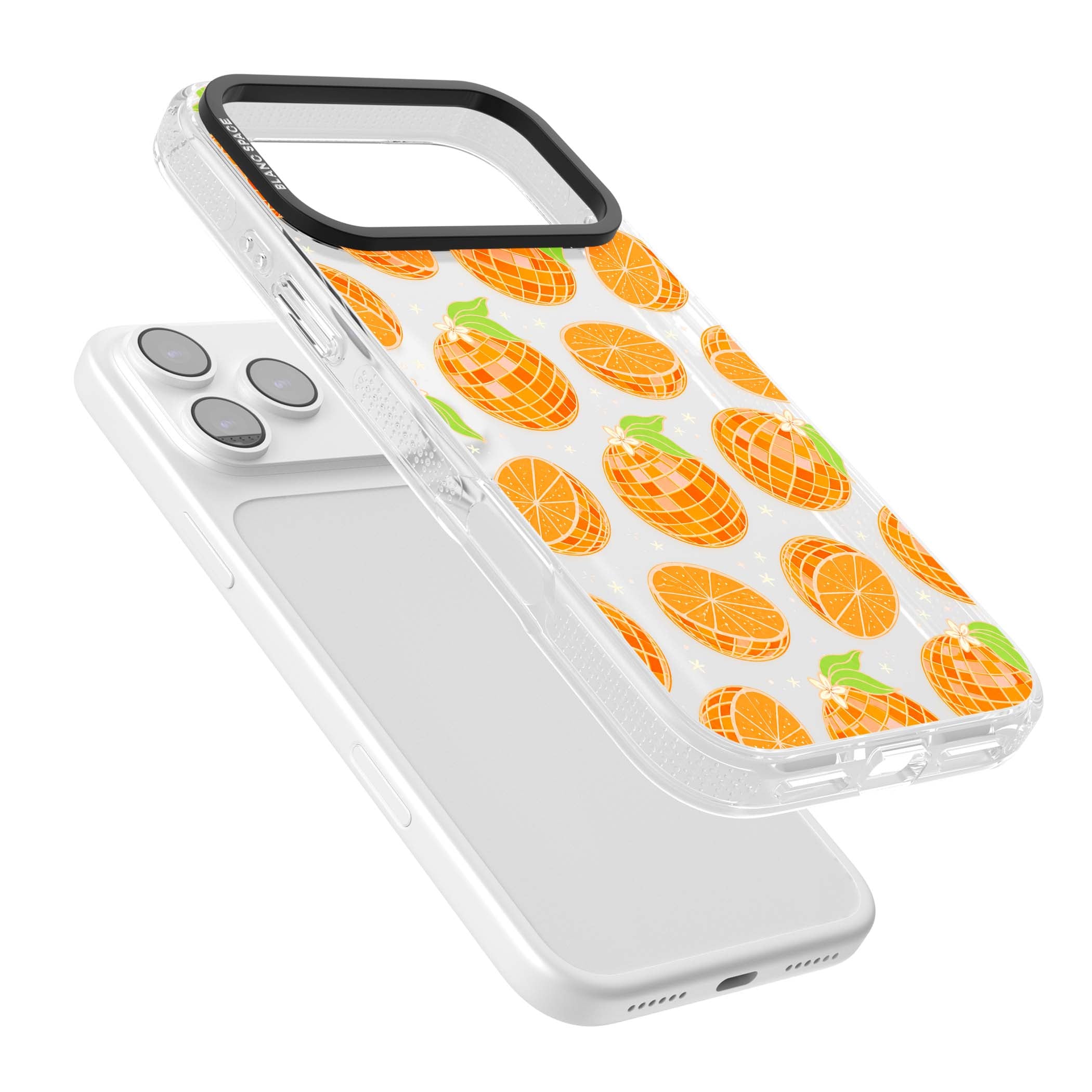 Disco Oranges retro iPhone case featuring mirrorball oranges, citrus slices and tiny blossoms on clear | Clear Case Impact Air case for iPhone 17 Pro, iPhone 17 Pro Max
