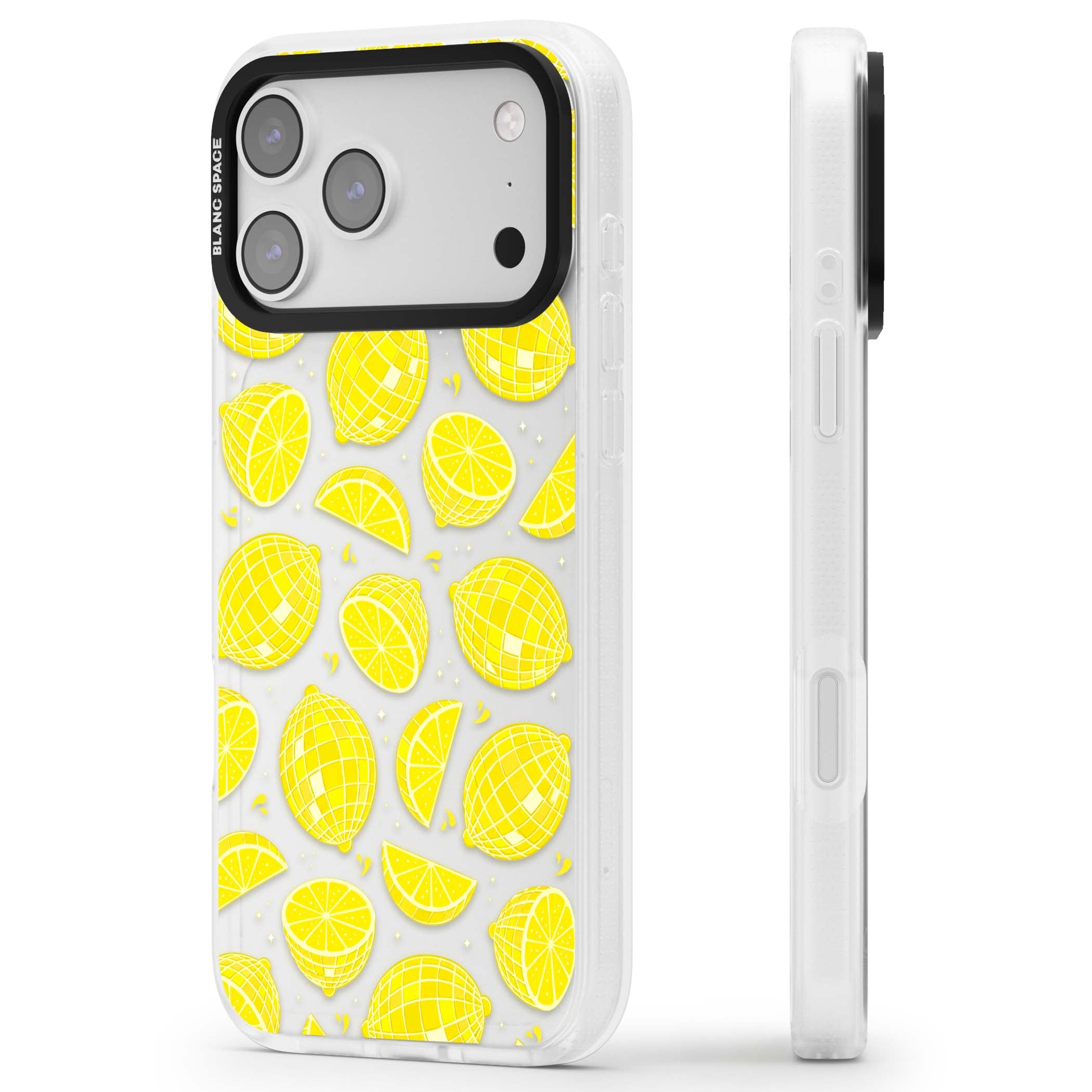 Disco Lemons citrus iPhone case featuring mirrorball lemons, sliced fruit and sparkle accents | Clear Case Impact Air case for iPhone 17 Pro, iPhone 17 Pro Max