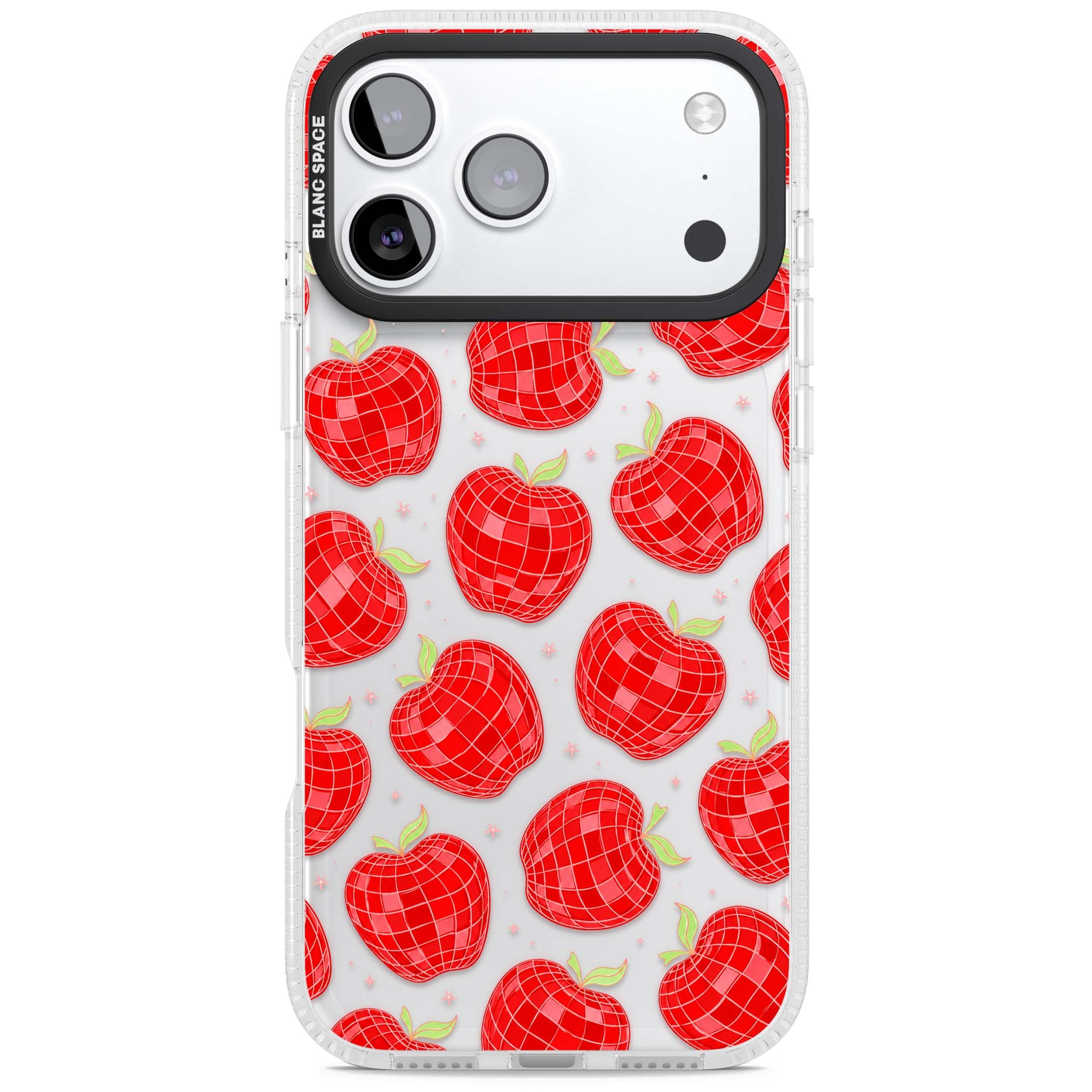 Disco Apples Y2K iPhone case featuring red disco ball apples, green leaves and pink sparkles on clear | Clear Case Impact Air case for iPhone 17 Pro, iPhone 17 Pro Max