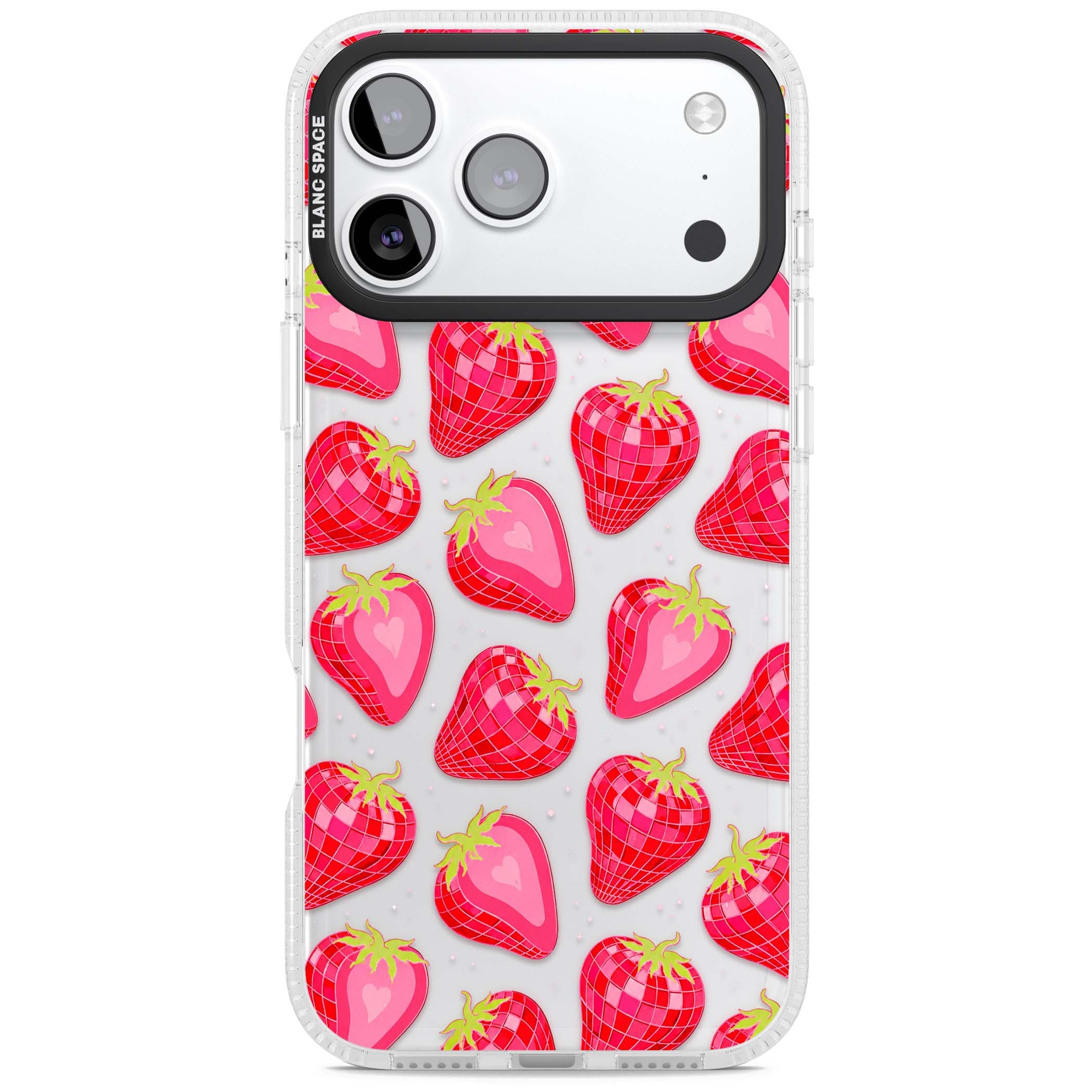 Disco Strawberry Y2K iPhone case featuring pink disco-ball strawberries, green leaves and tiny sparkles | Clear Case Impact Air case for iPhone 17 Pro, iPhone 17 Pro Max