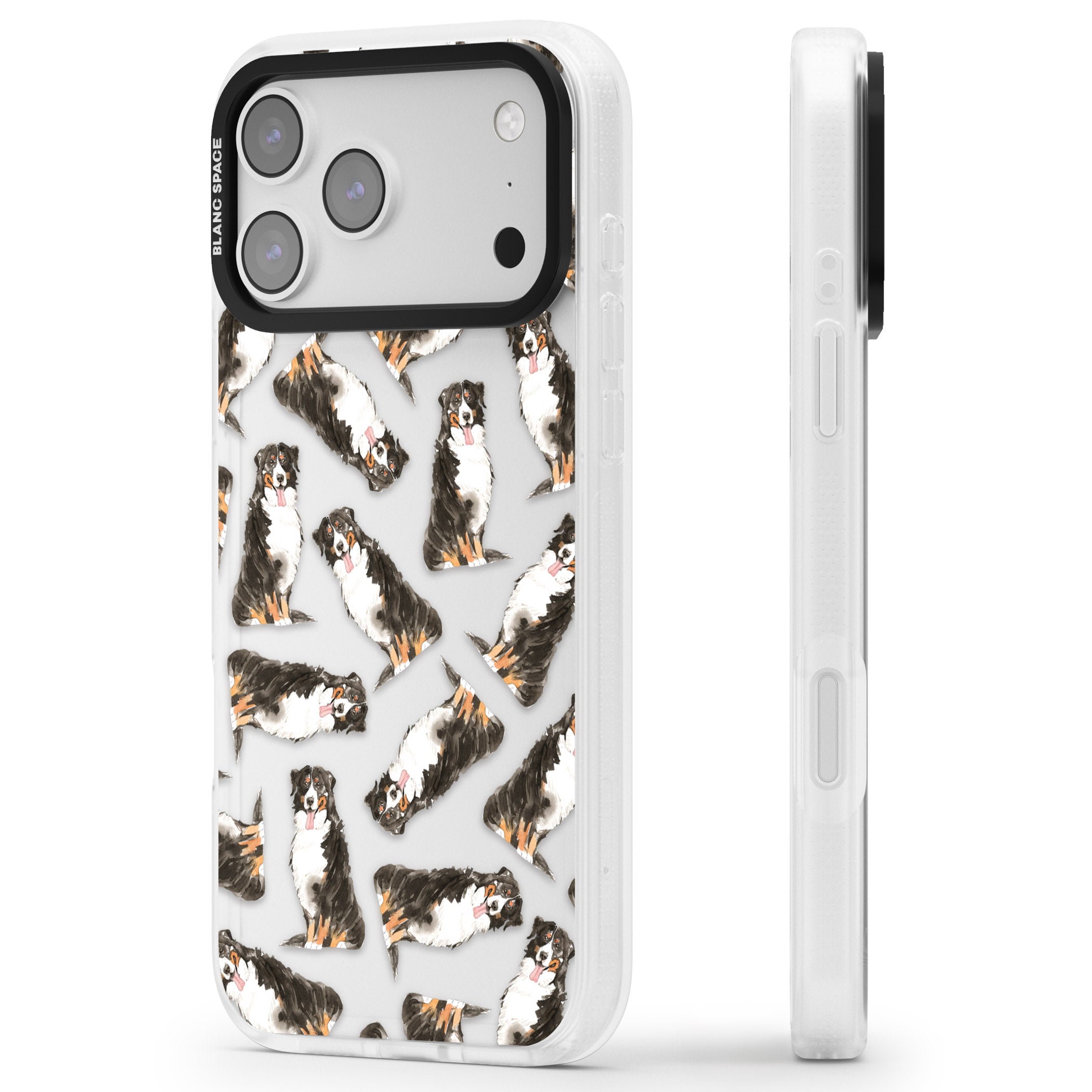 Bernese Mountain Dog Pattern iPhone 17 Pro Impact Air Clear Phone Case Side Profile