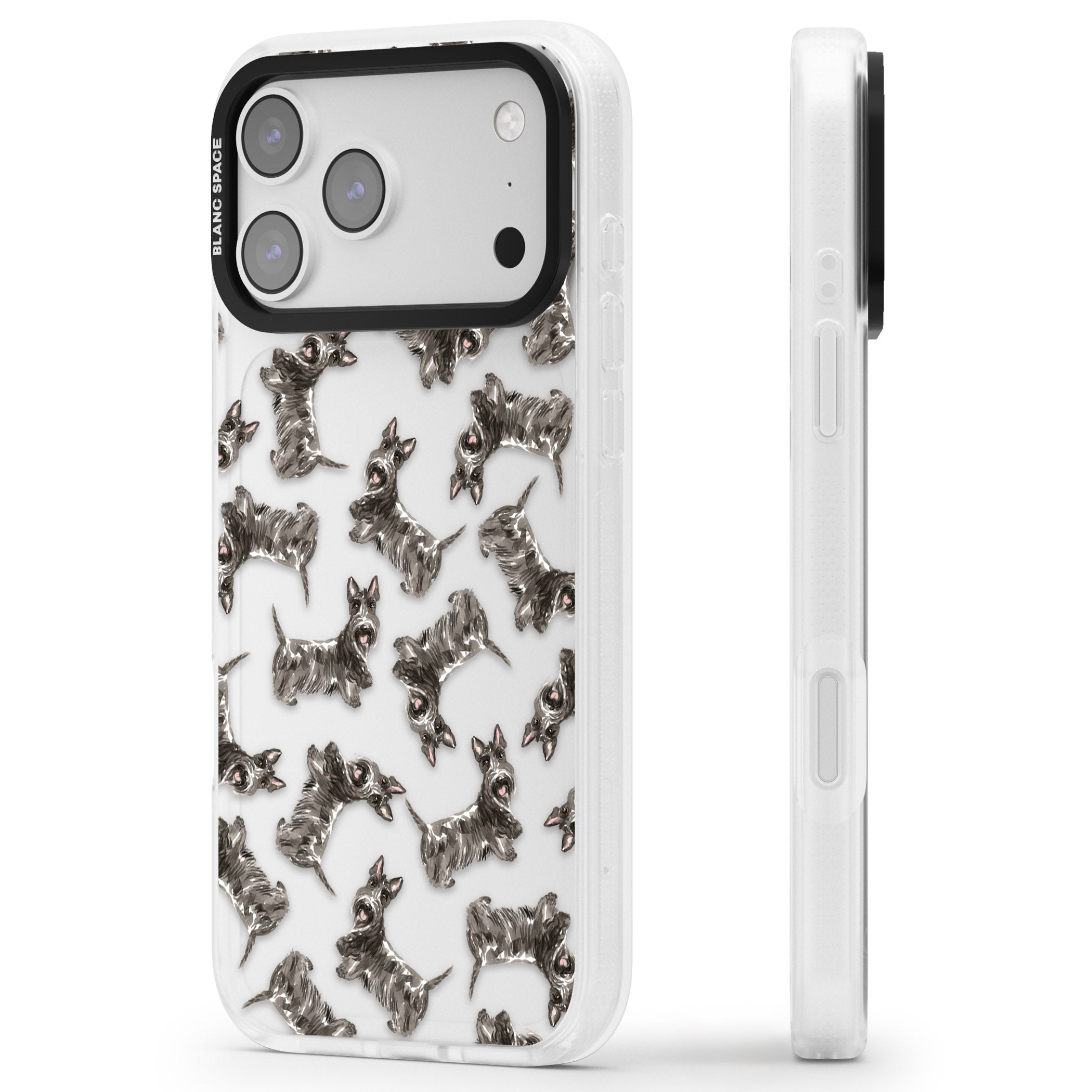 Scottish Terrier Pattern iPhone 17 Pro Impact Air Clear Phone Case Side Profile
