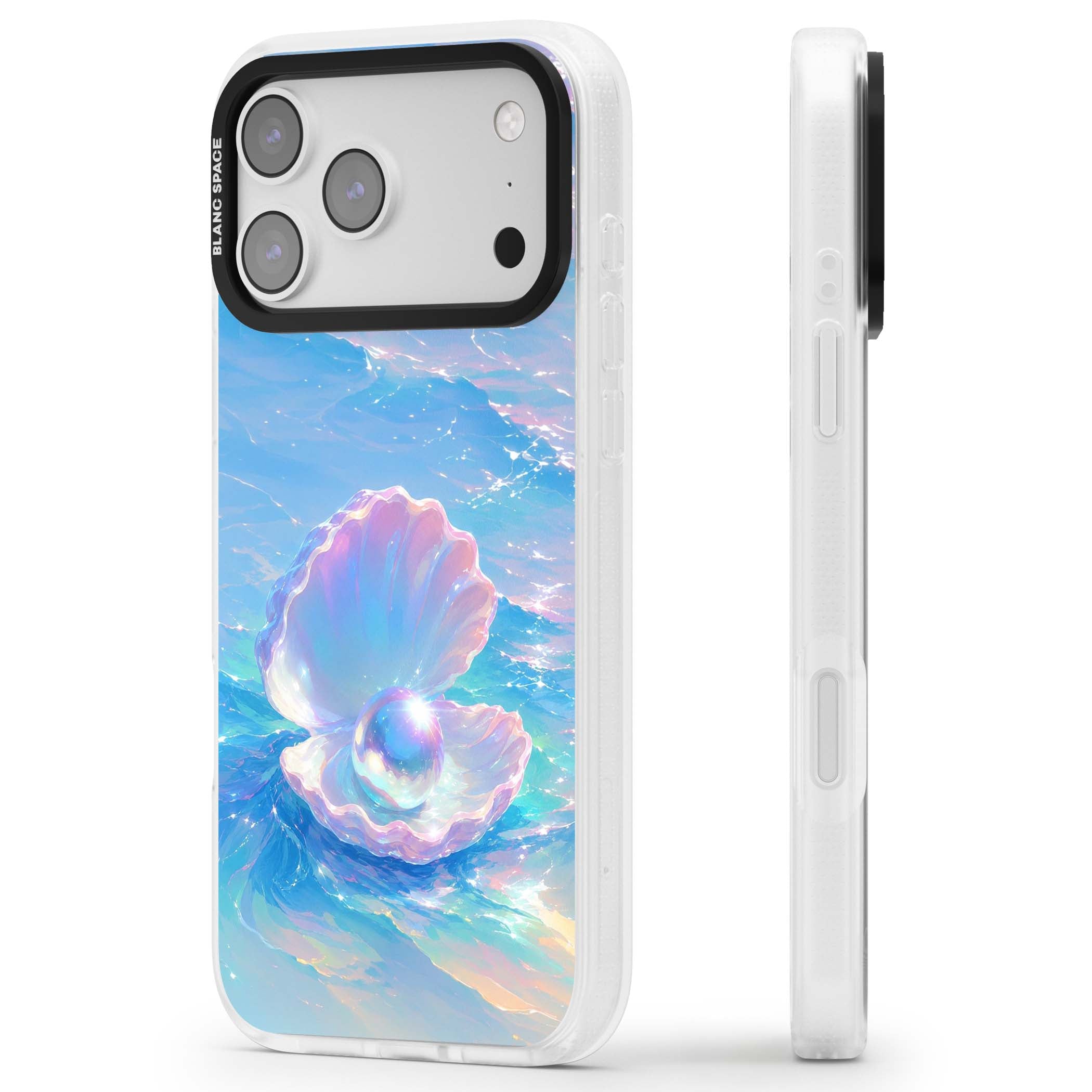 The Pearl Clam mermaidcore iPhone case featuring iridescent seashell, glowing pearl and pastel ocean waves | Clear Case Impact Air case for iPhone 17 Pro, iPhone 17 Pro Max