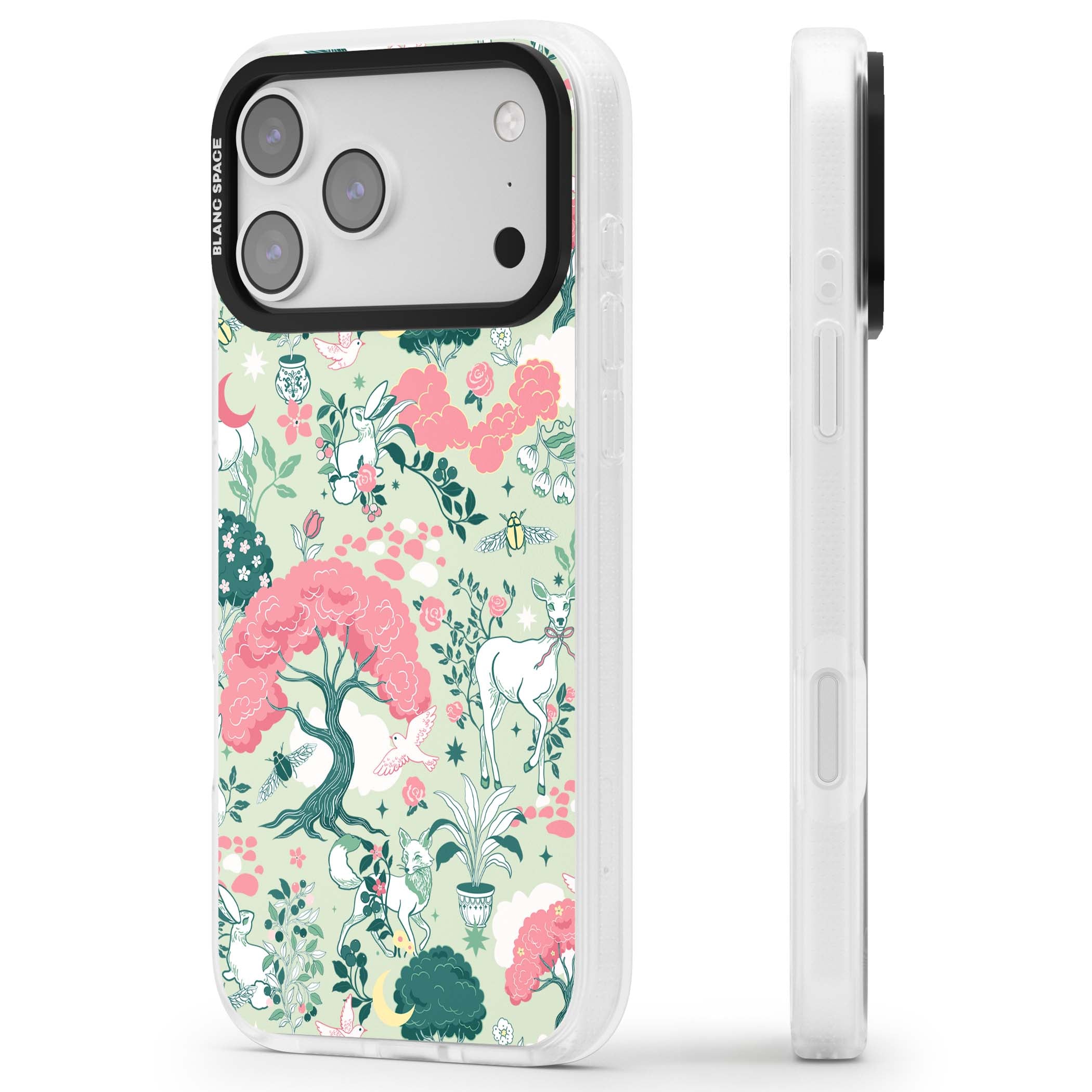 Enchanted Woodland cottagecore iPhone case featuring white deer, pink roses, mushrooms and woodland animals on sage green | Clear Case Impact Air case for iPhone 17 Pro, iPhone 17 Pro Max