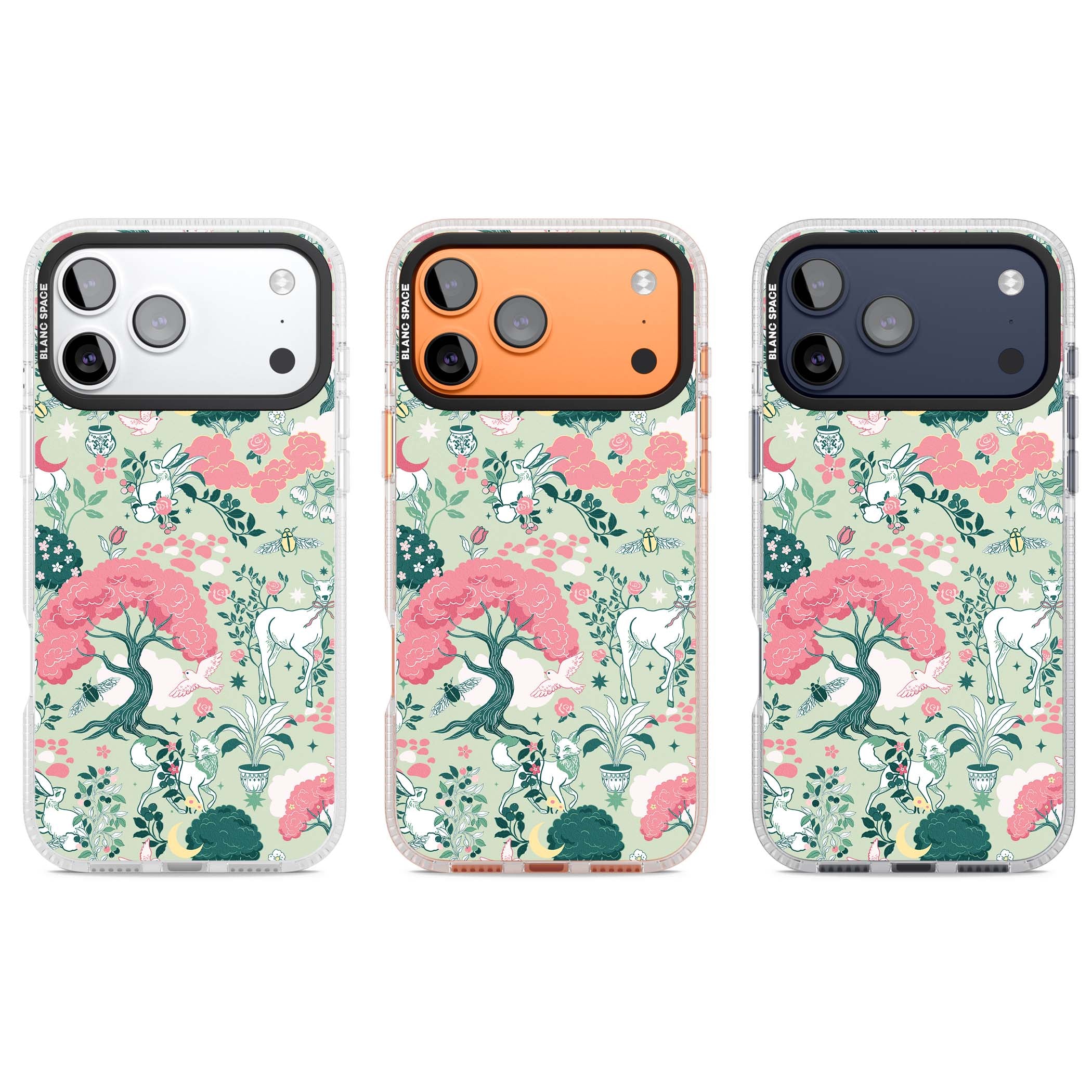 Enchanted Woodland cottagecore iPhone case featuring white deer, pink roses, mushrooms and woodland animals on sage green | Clear Case Impact Air case for iPhone 17 Pro, iPhone 17 Pro Max