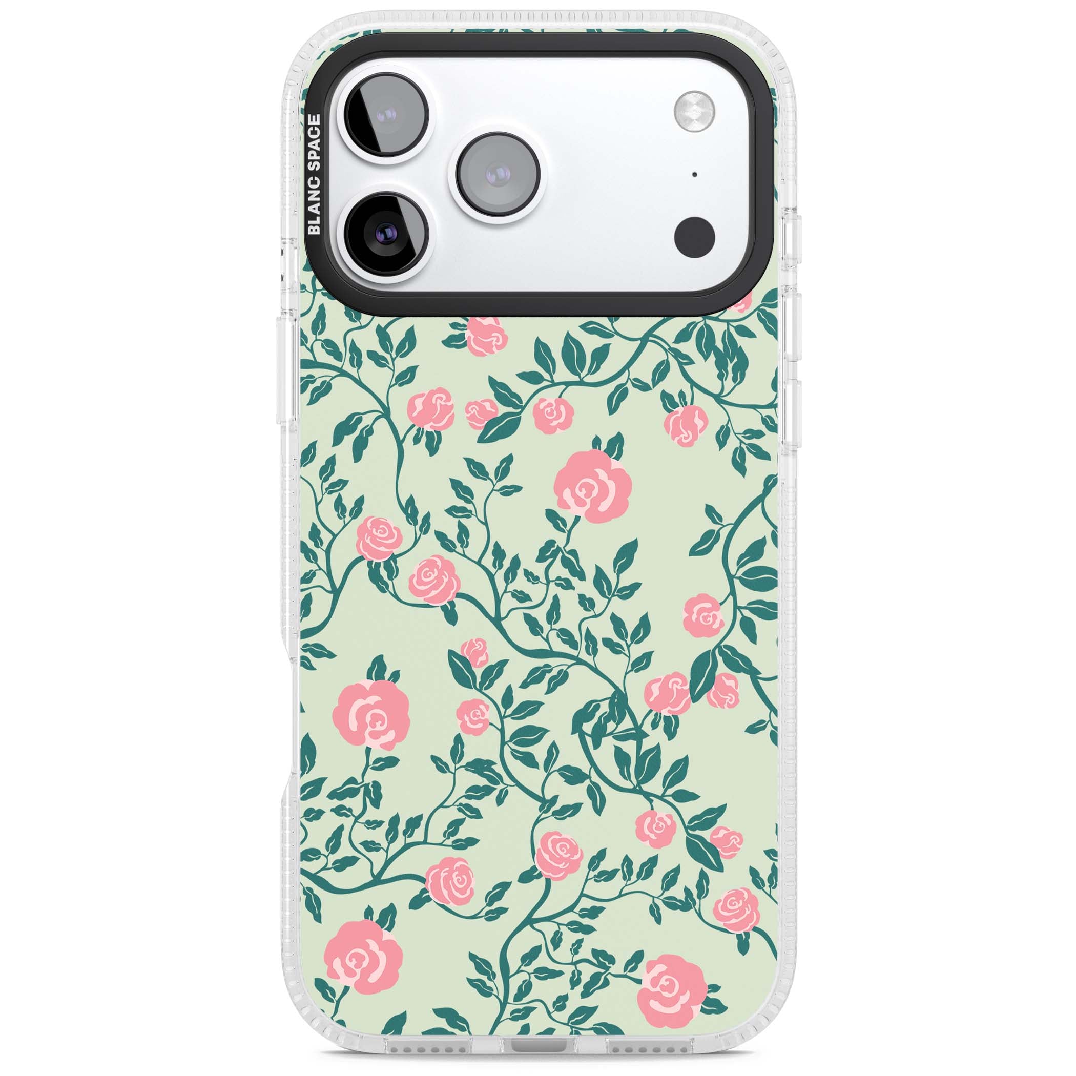 Rose Trellis cottagecore iPhone case featuring pink roses, sage green vines, and mint background | Clear Case Impact Air case for iPhone 17 Pro, iPhone 17 Pro Max