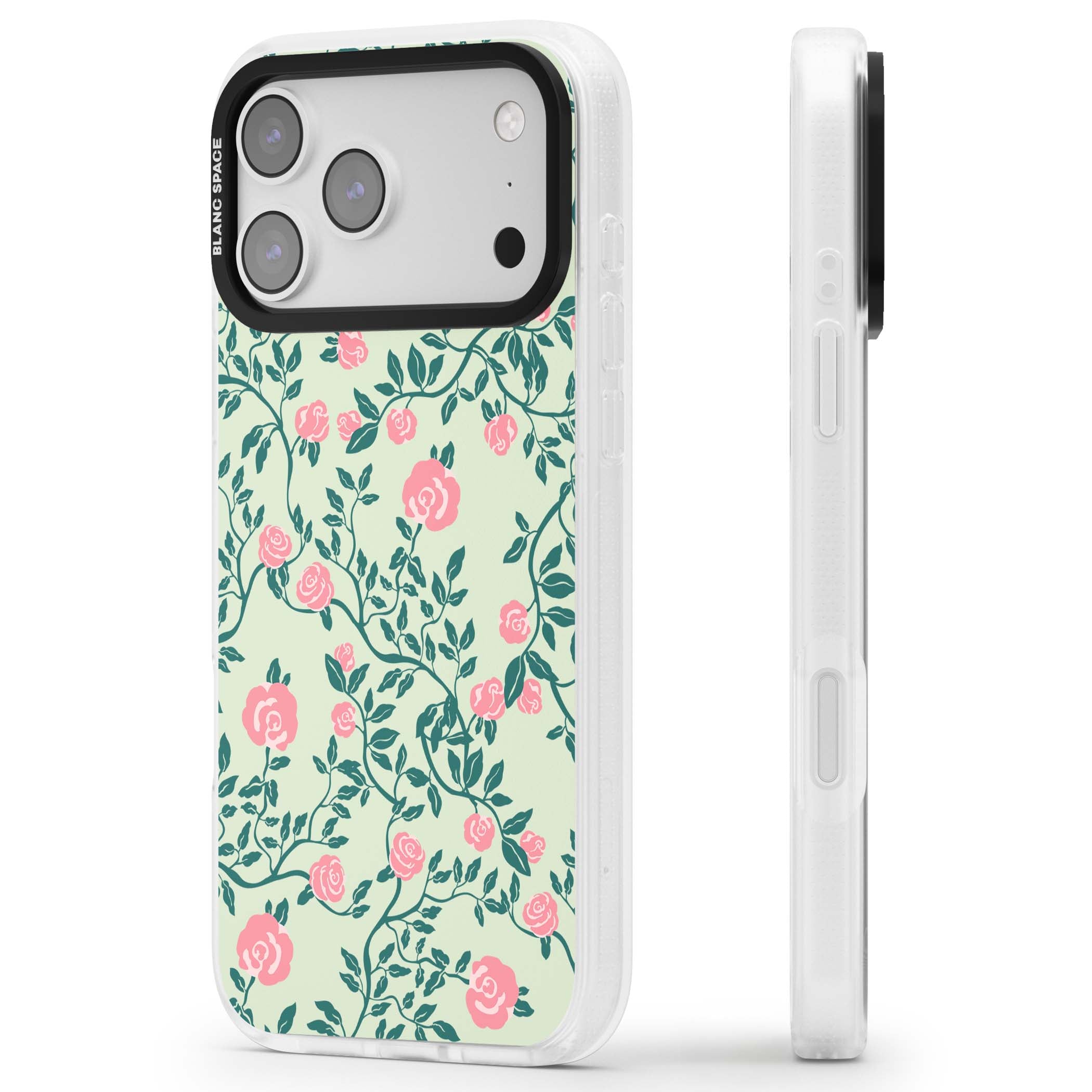 Rose Trellis cottagecore iPhone case featuring pink roses, sage green vines, and mint background | Clear Case Impact Air case for iPhone 17 Pro, iPhone 17 Pro Max