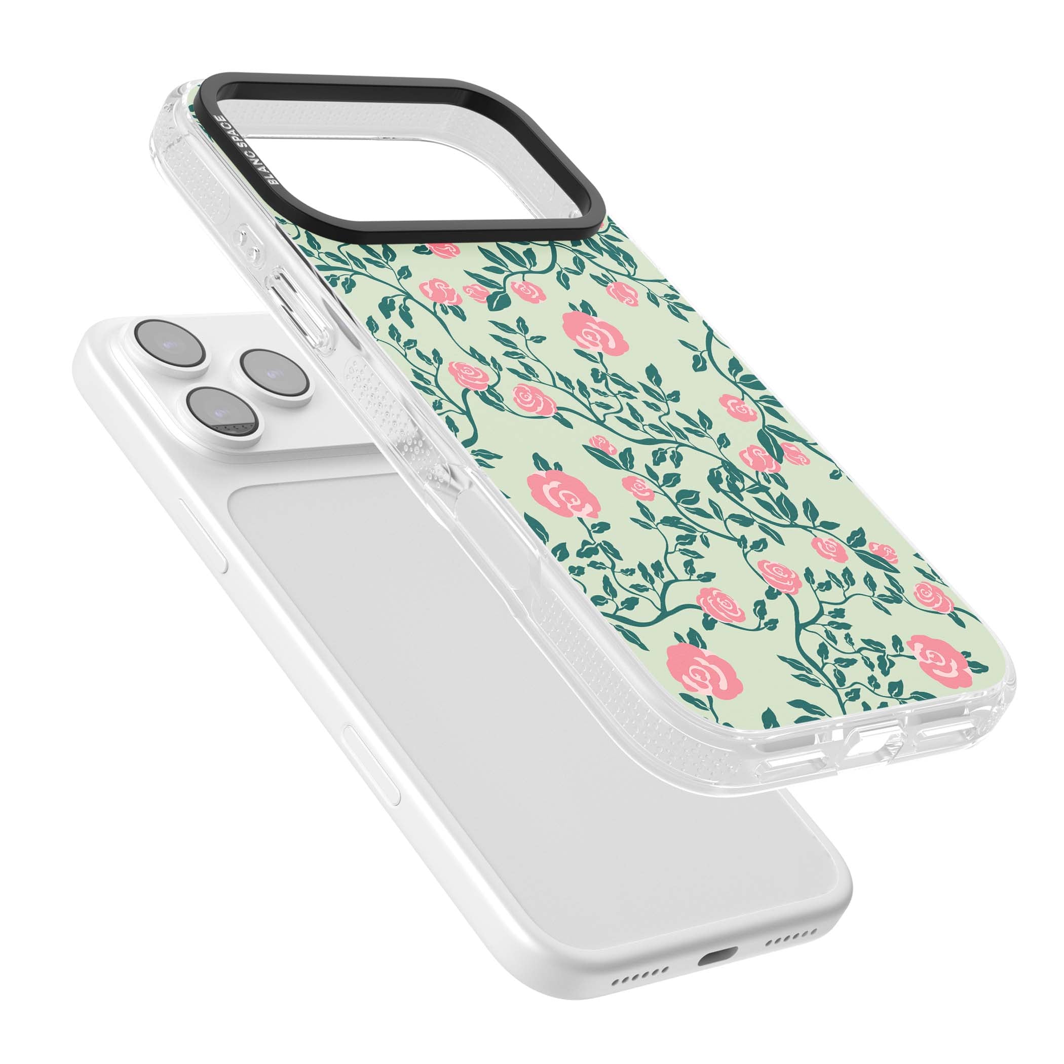 Rose Trellis cottagecore iPhone case featuring pink roses, sage green vines, and mint background | Clear Case Impact Air case for iPhone 17 Pro, iPhone 17 Pro Max