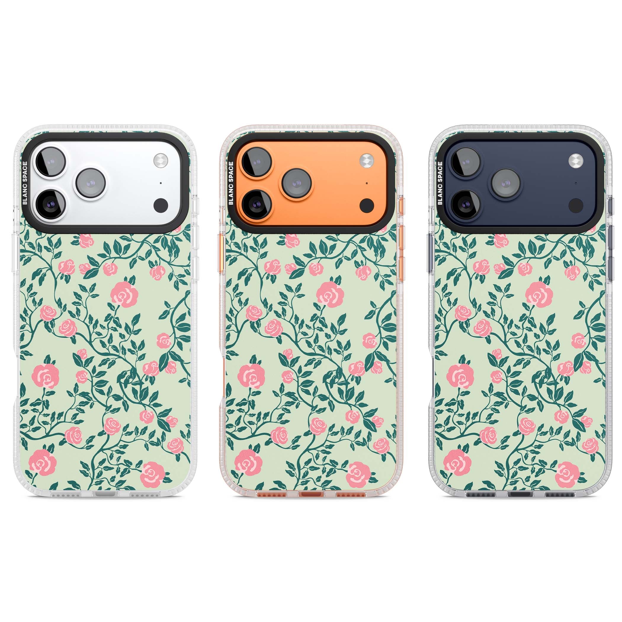 Rose Trellis cottagecore iPhone case featuring pink roses, sage green vines, and mint background | Clear Case Impact Air case for iPhone 17 Pro, iPhone 17 Pro Max