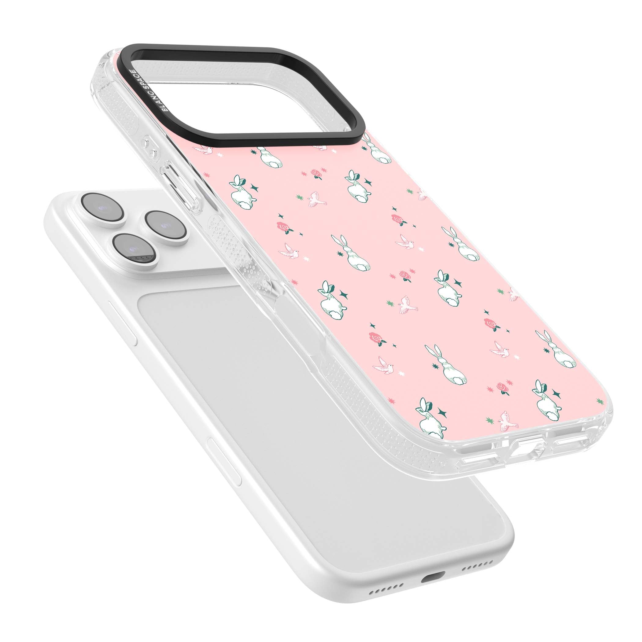Bunny Garden kawaii iPhone case featuring white rabbits, pink roses, doves and stars on pink background | Clear Case Impact Air case for iPhone 17 Pro, iPhone 17 Pro Max