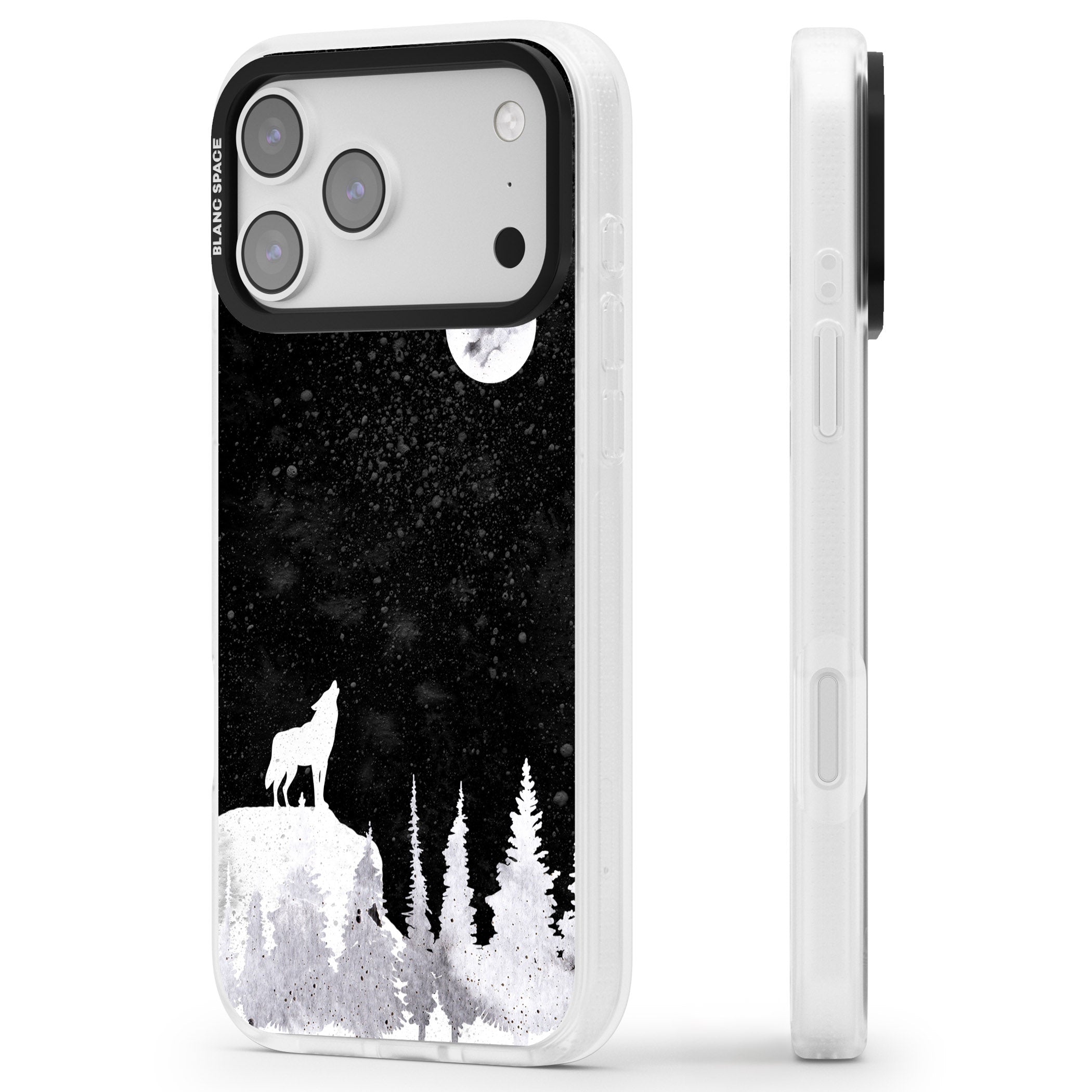 Moon Phases: Wolf & Full Moon iPhone 17 Pro Impact Air Clear Phone Case Side Profile