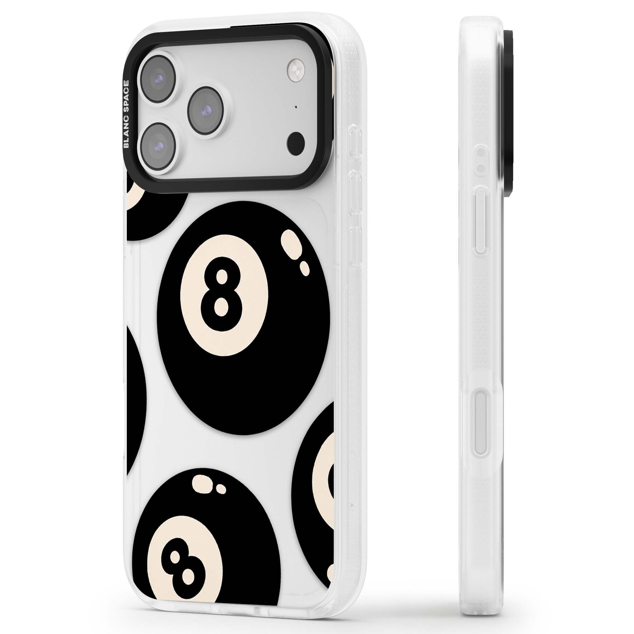 Eights y2k iPhone case featuring scattered black 8 balls with cream highlights on a clear background | Clear Case Impact Air case for iPhone 17 Pro, iPhone 17 Pro Max