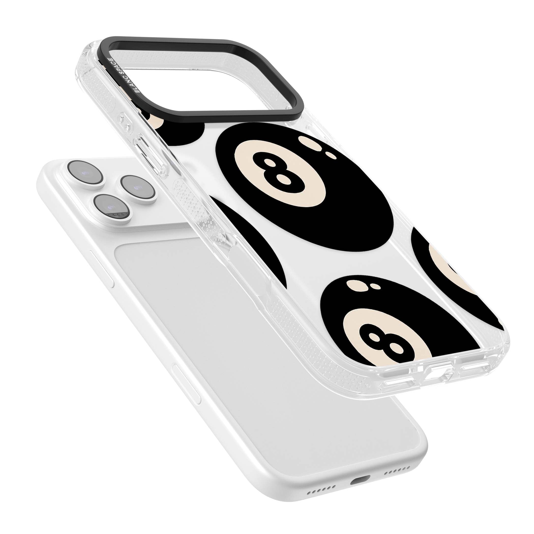 Eights y2k iPhone case featuring scattered black 8 balls with cream highlights on a clear background | Clear Case Impact Air case for iPhone 17 Pro, iPhone 17 Pro Max