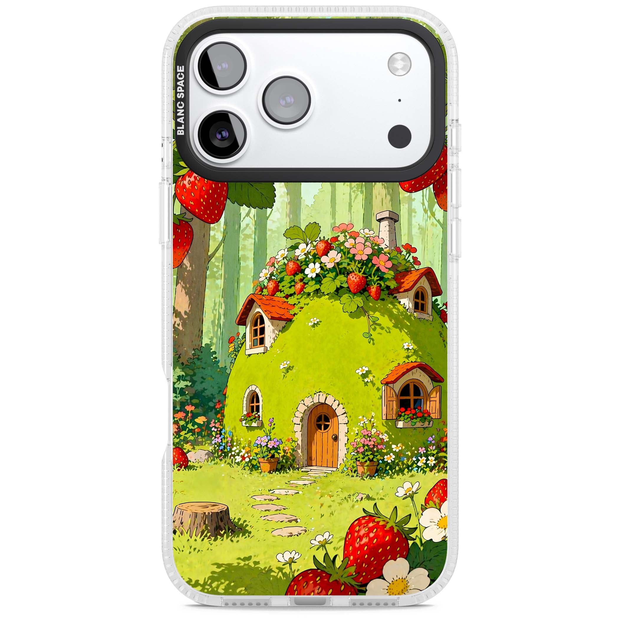 Strawberry Cottage cottagecore iPhone case featuring a green fairy house, wild strawberries and enchanted forest flowers | Clear Case Impact Air case for iPhone 17 Pro, iPhone 17 Pro Max