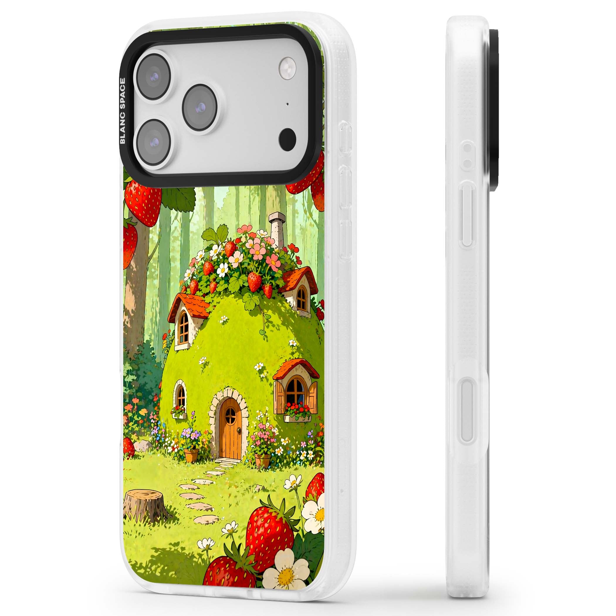 Strawberry Cottage cottagecore iPhone case featuring a green fairy house, wild strawberries and enchanted forest flowers | Clear Case Impact Air case for iPhone 17 Pro, iPhone 17 Pro Max
