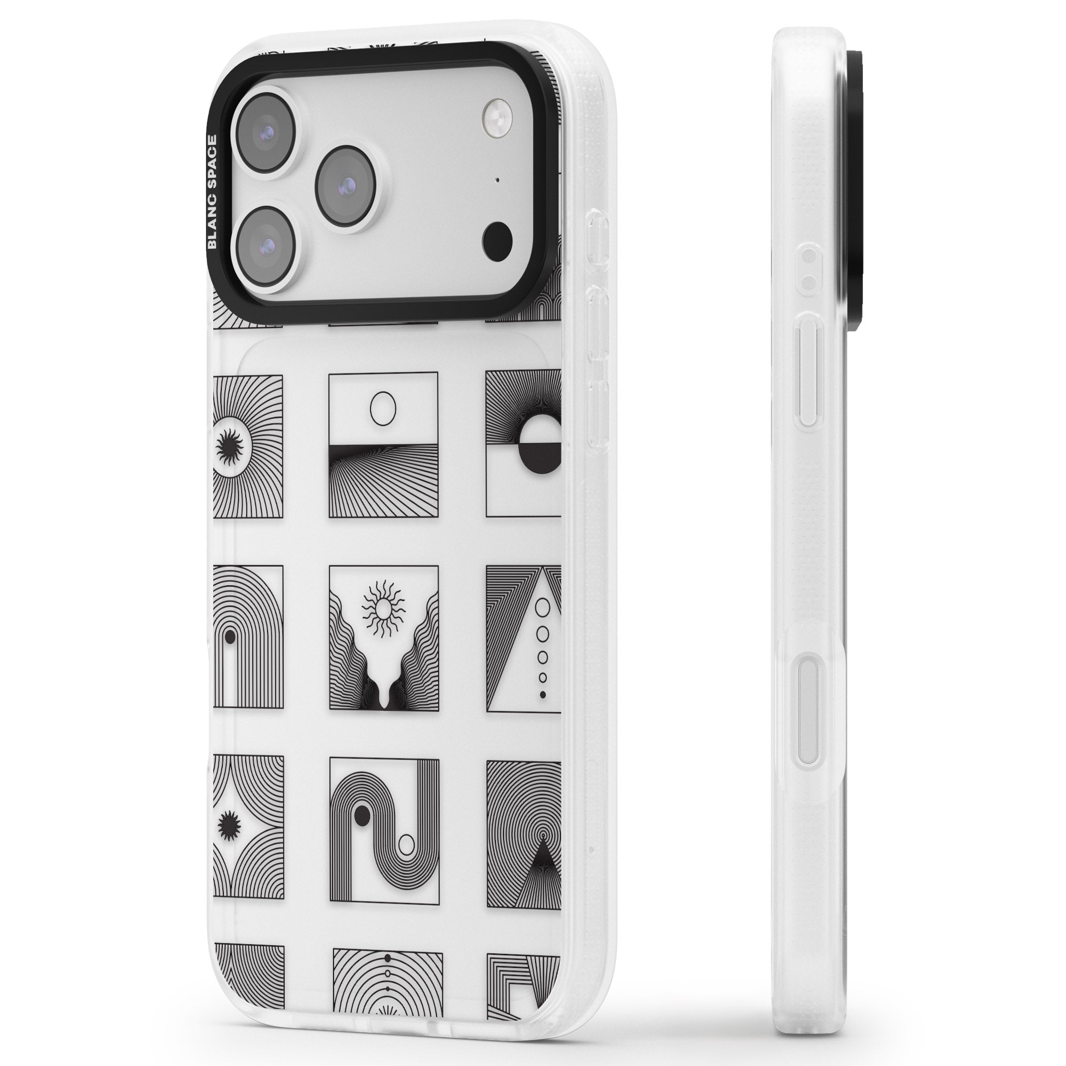 Geometric Pattern Trio: Artistic Blend iPhone 17 Pro Impact Air Clear Phone Case Side Profile