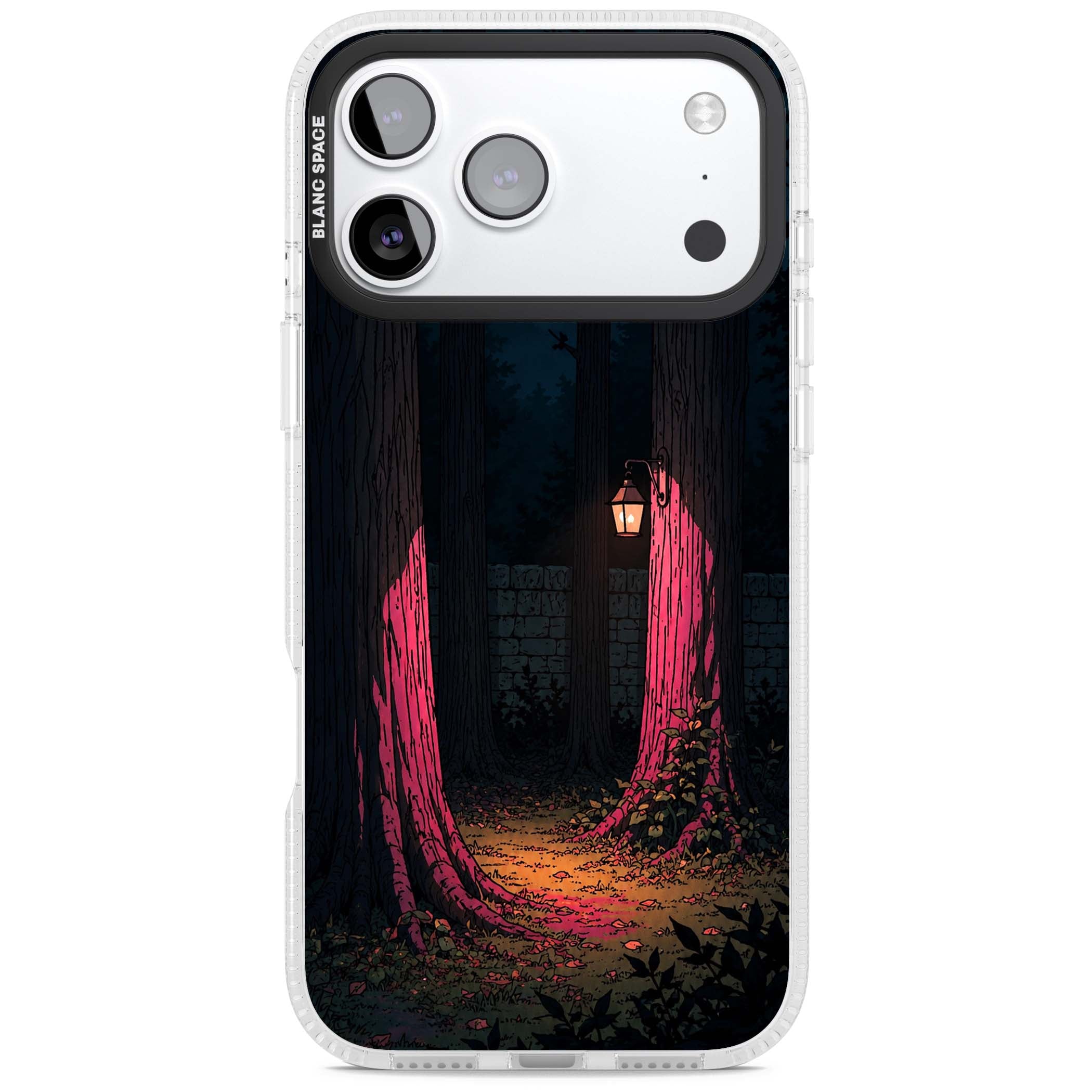 Forest Lantern dark academia iPhone case featuring a moonlit forest, glowing lantern, and stone wall pathway | Clear Case Impact Air case for iPhone 17 Pro, iPhone 17 Pro Max
