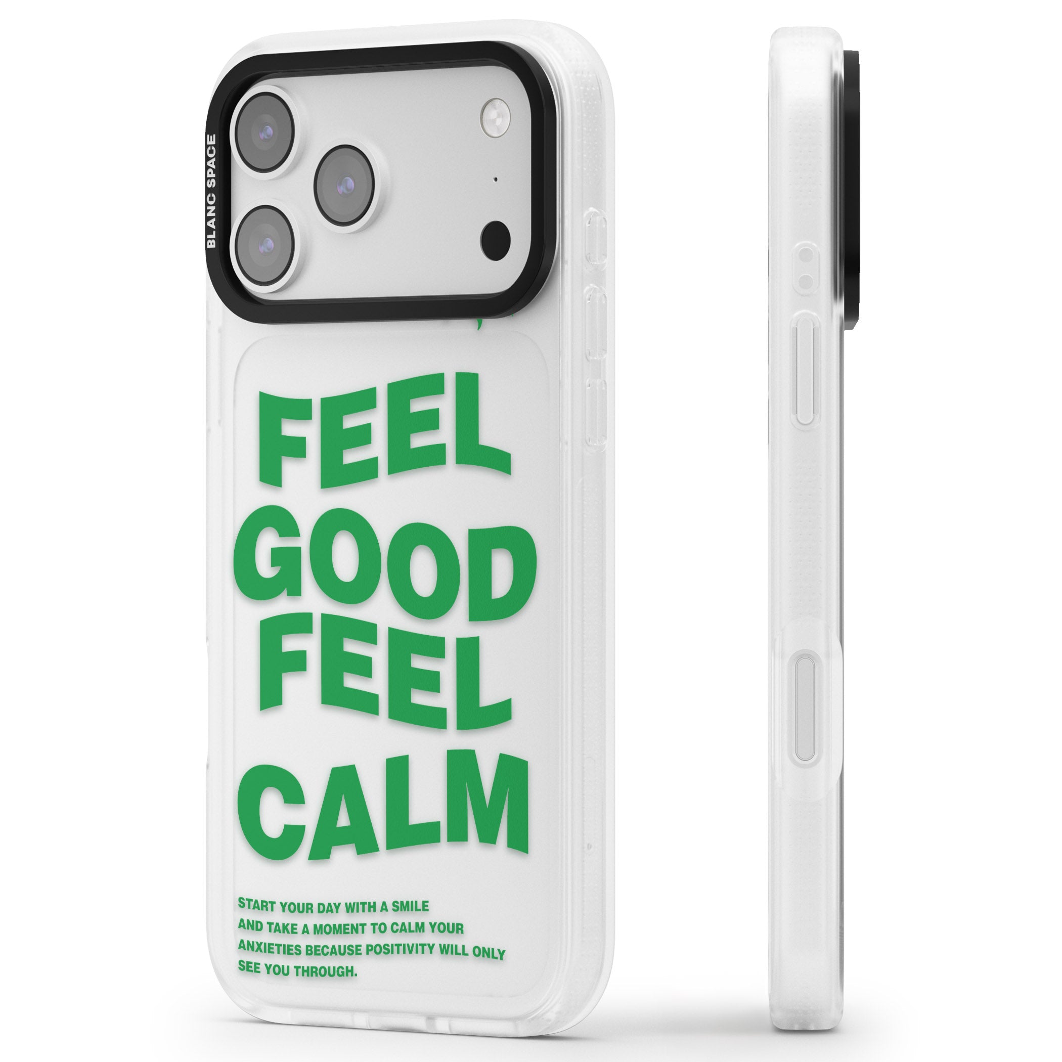 Feel Good Feel Calm (Green) iPhone 17 Pro Impact Air Clear Phone Case Side Profile