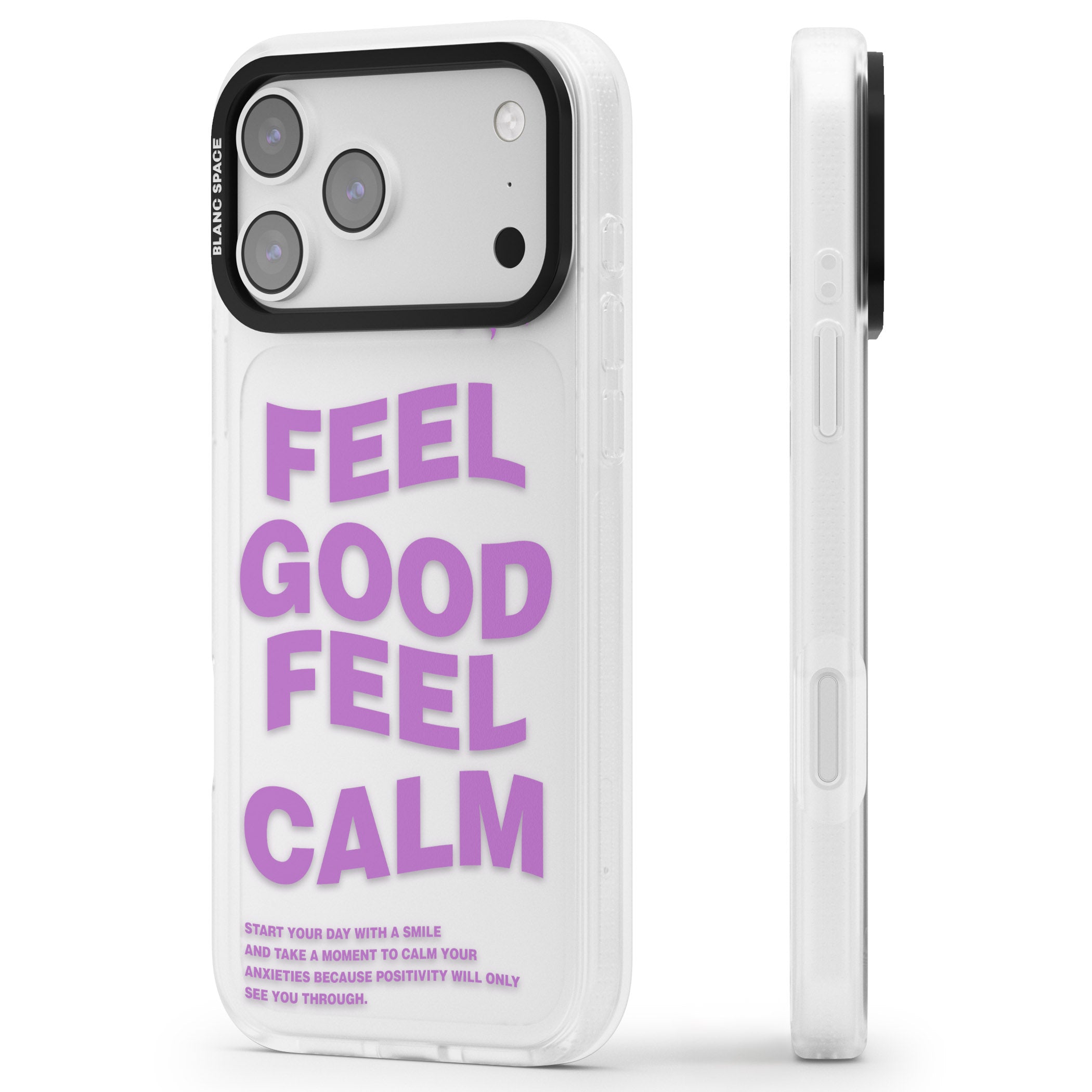 Feel Good Feel Calm (Purple) iPhone 17 Pro Impact Air Clear Phone Case Side Profile