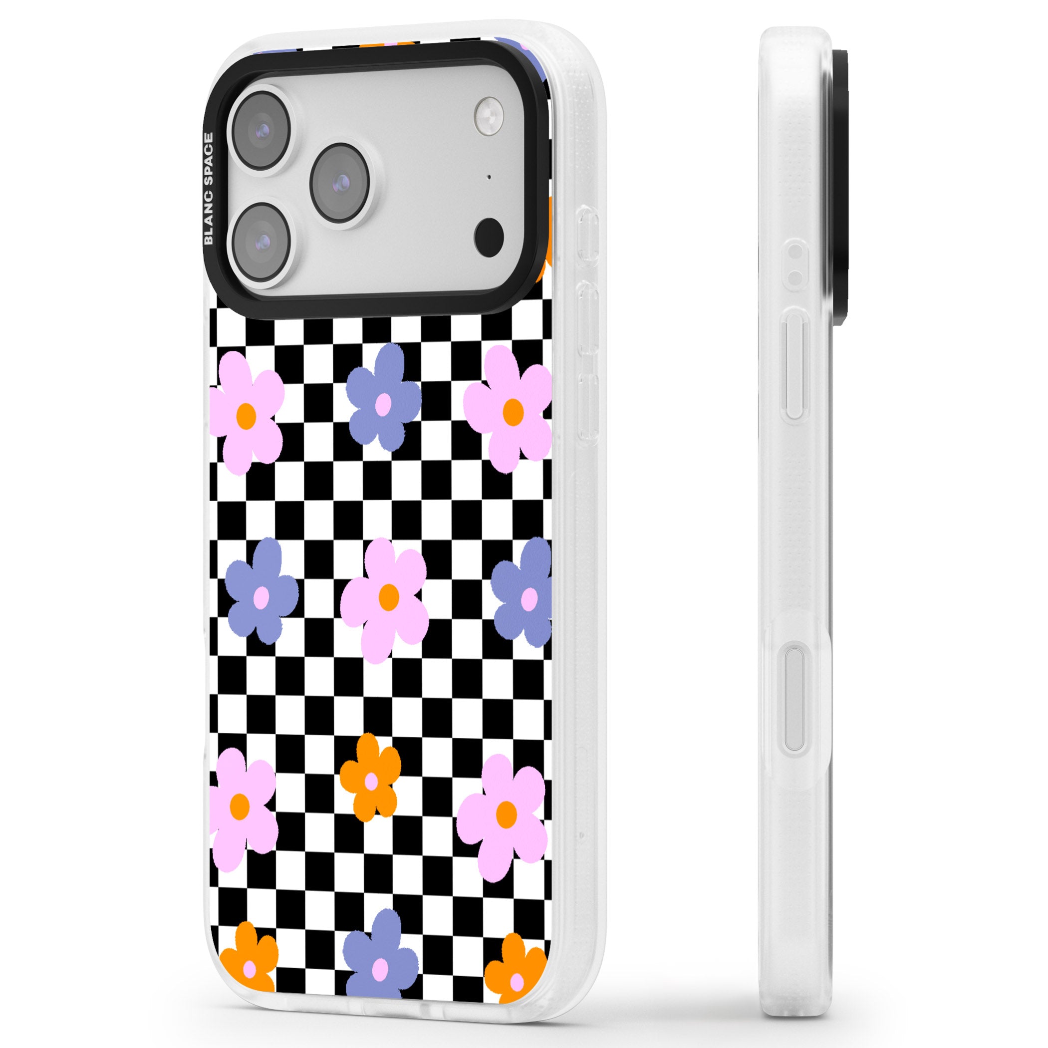 Checkered Blossom iPhone 17 Pro Impact Air Clear Phone Case Side Profile