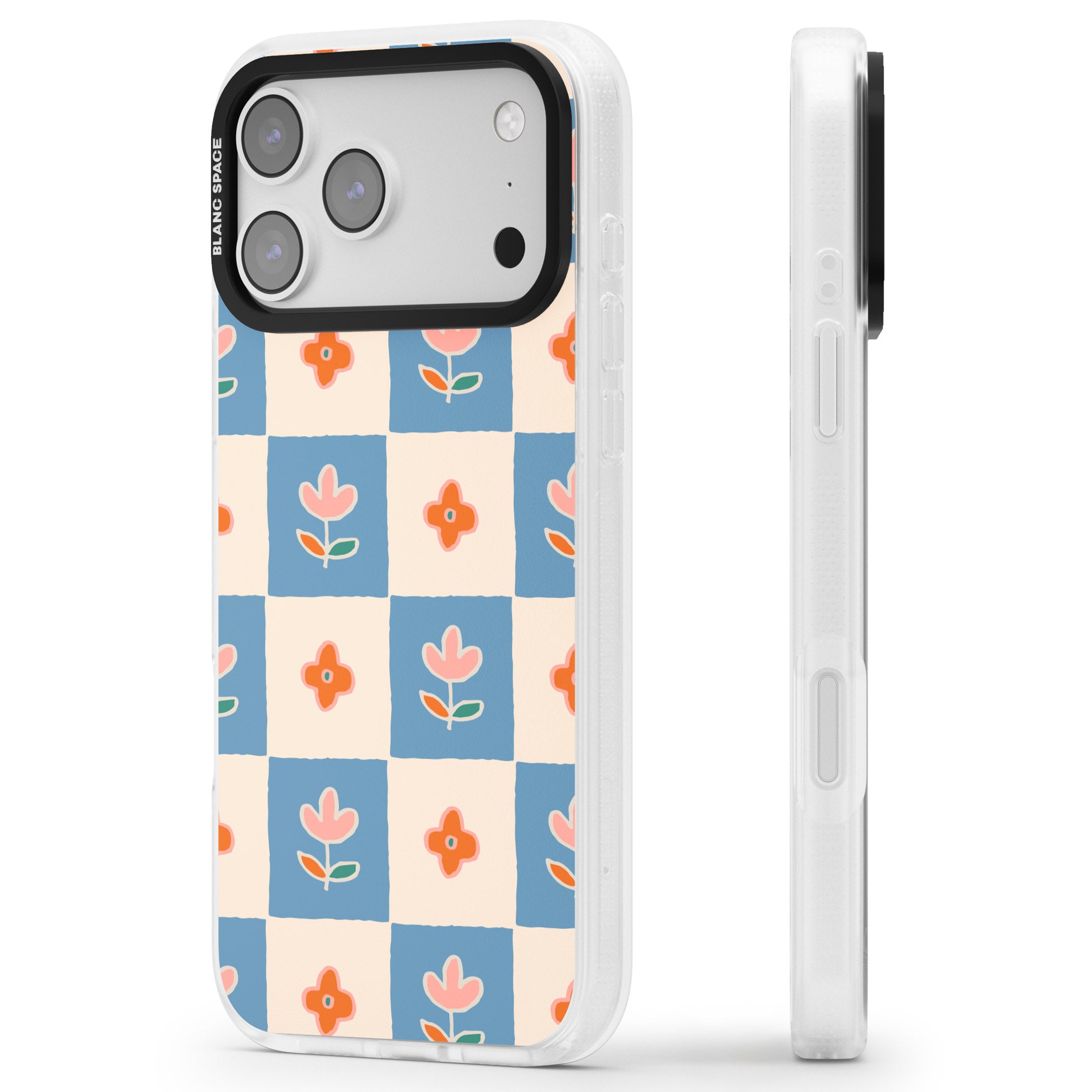 Vintage Bloom Checkered iPhone 17 Pro Impact Air Clear Phone Case Side Profile