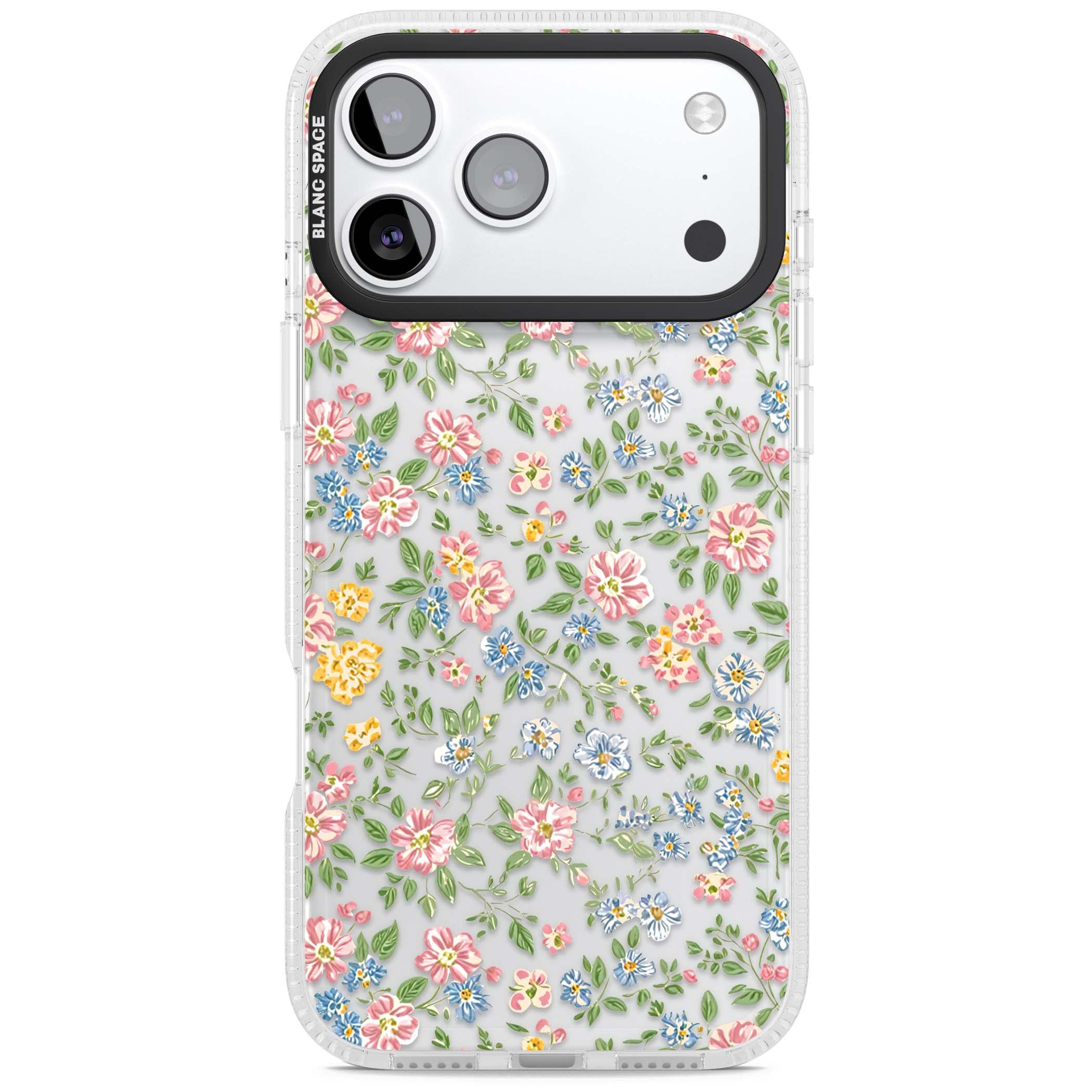 Soft Meadow cottagecore iPhone case featuring pink cosmos, blue forget-me-nots, yellow buttercups and green leaves sca | Clear Case Impact Air case for iPhone 17 Pro, iPhone 17 Pro Max