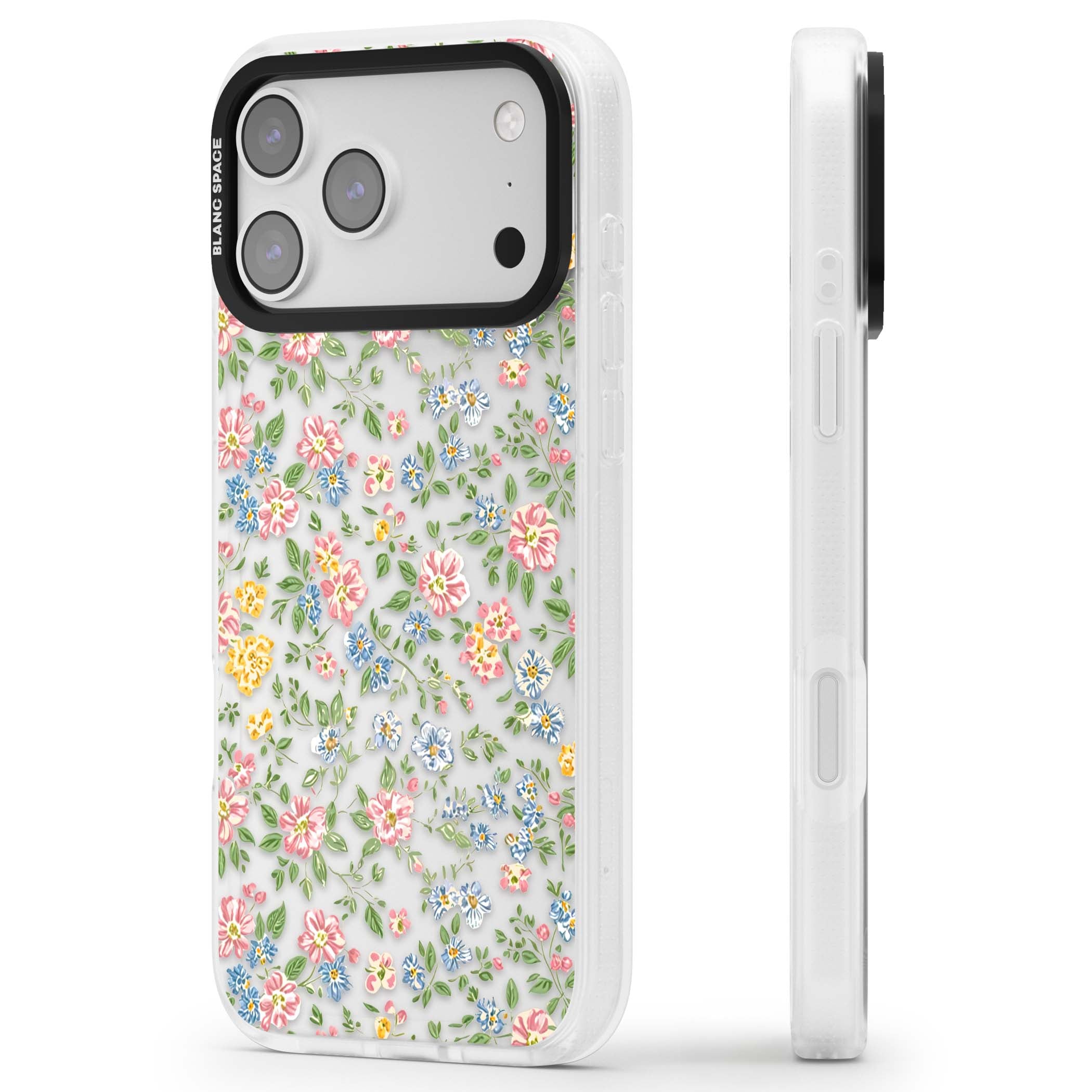 Soft Meadow cottagecore iPhone case featuring pink cosmos, blue forget-me-nots, yellow buttercups and green leaves sca | Clear Case Impact Air case for iPhone 17 Pro, iPhone 17 Pro Max