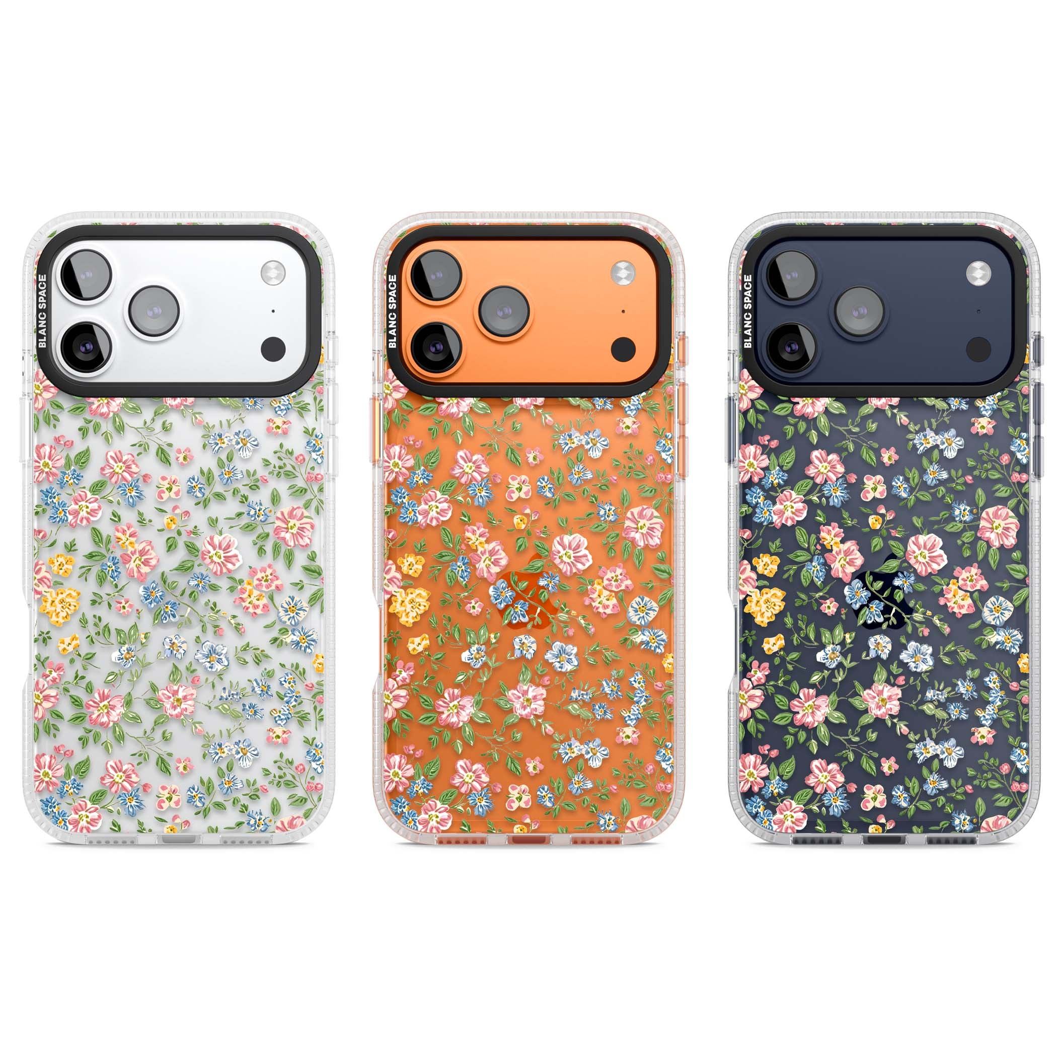 Soft Meadow cottagecore iPhone case featuring pink cosmos, blue forget-me-nots, yellow buttercups and green leaves sca | Clear Case Impact Air case for iPhone 17 Pro, iPhone 17 Pro Max