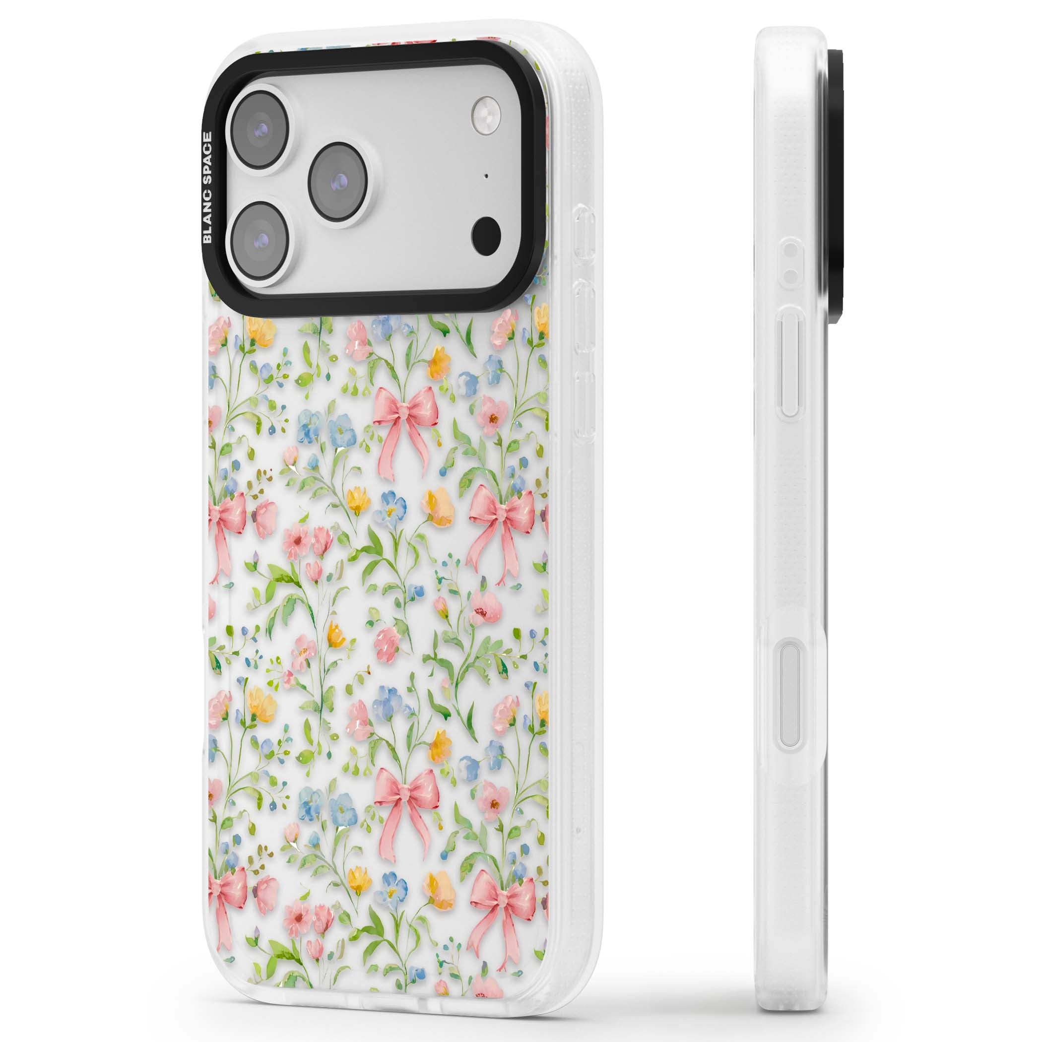 Ribbons & Wildflowers cottagecore iPhone case featuring watercolor wildflowers, pink satin bows, and delicate spring blooms o | Clear Case Impact Air case for iPhone 17 Pro, iPhone 17 Pro Max
