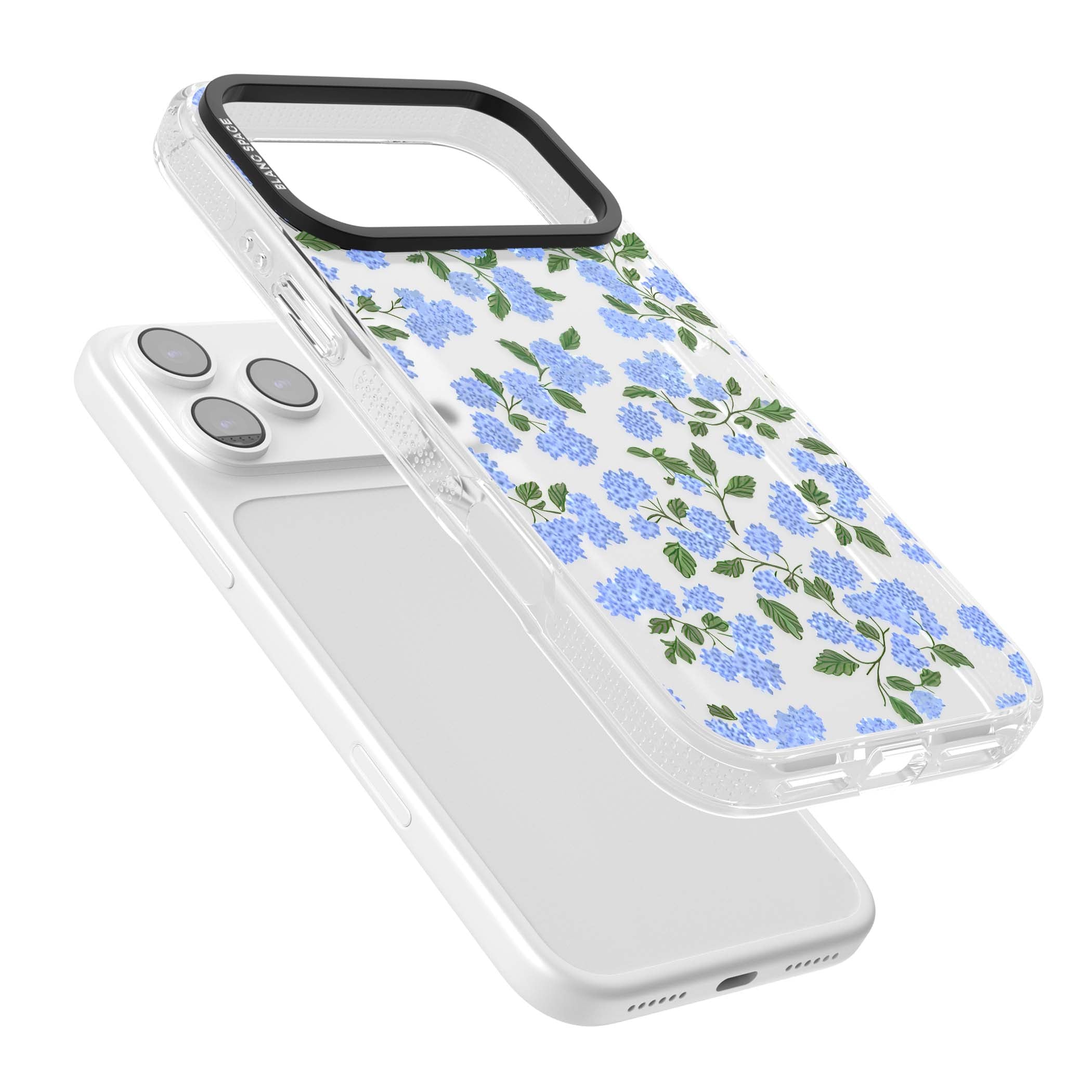 Hydrangea Dreams cottagecore iPhone case featuring soft blue hydrangea flower clusters and green leaves | Clear Case Impact Air case for iPhone 17 Pro, iPhone 17 Pro Max