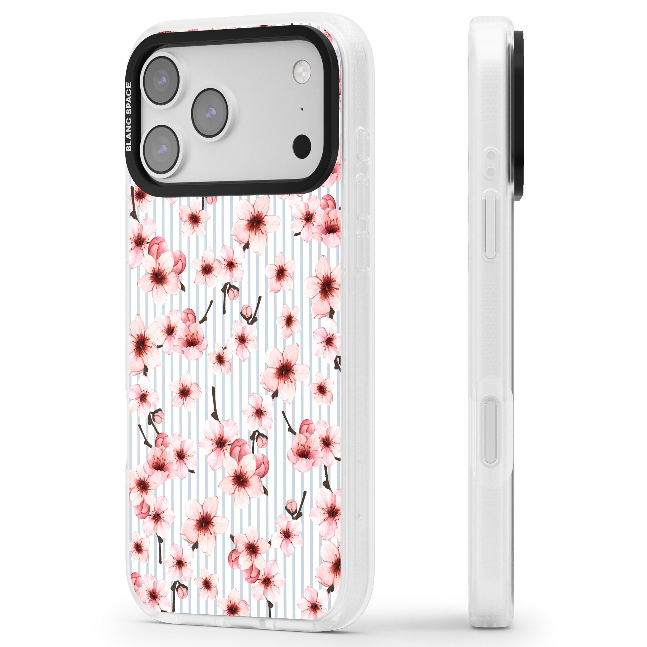 Cherry Blossoms Striped iPhone 17 Pro Impact Air Clear Phone Case Side Profile