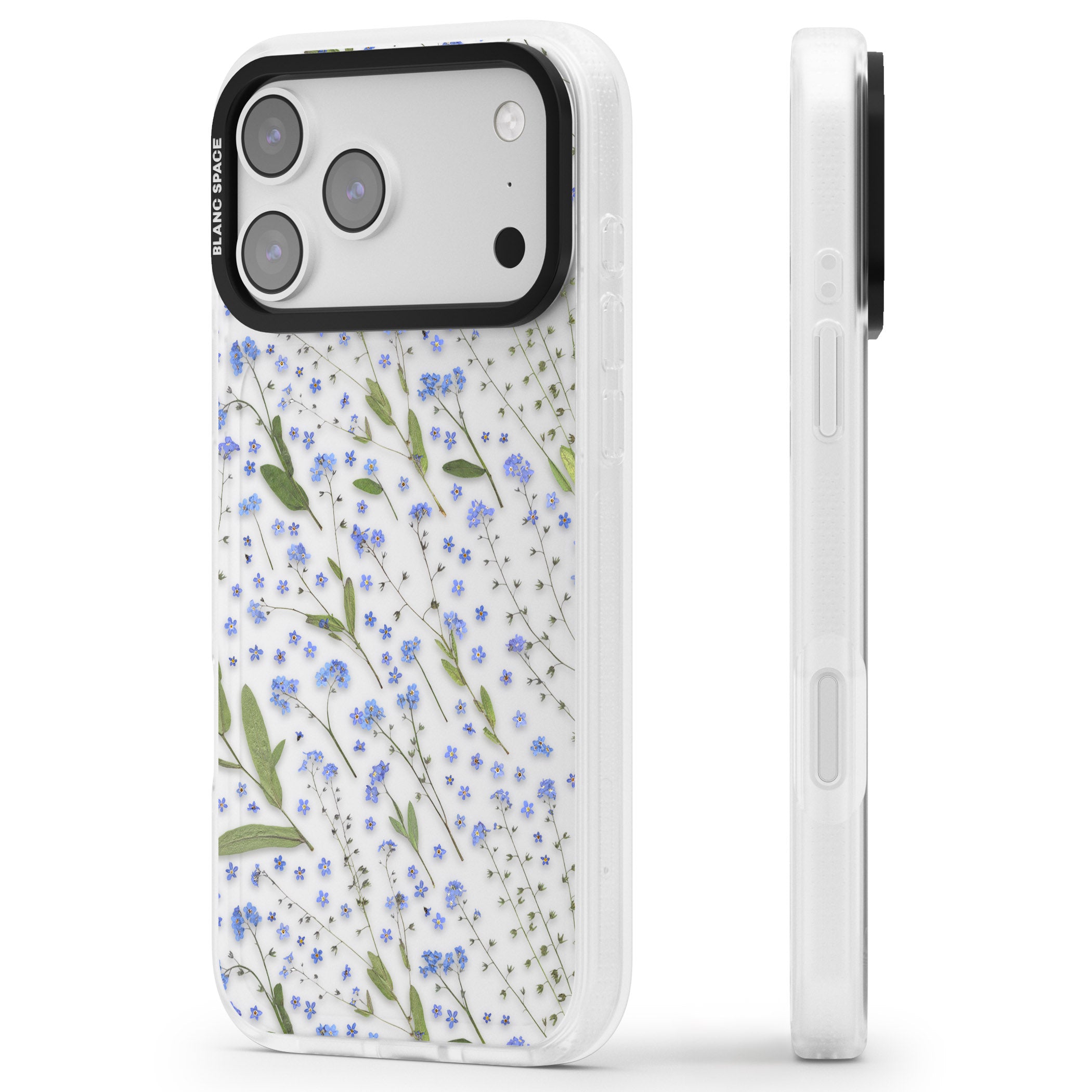 Blue Meadow Floral iPhone 17 Pro Impact Air Clear Phone Case Side Profile