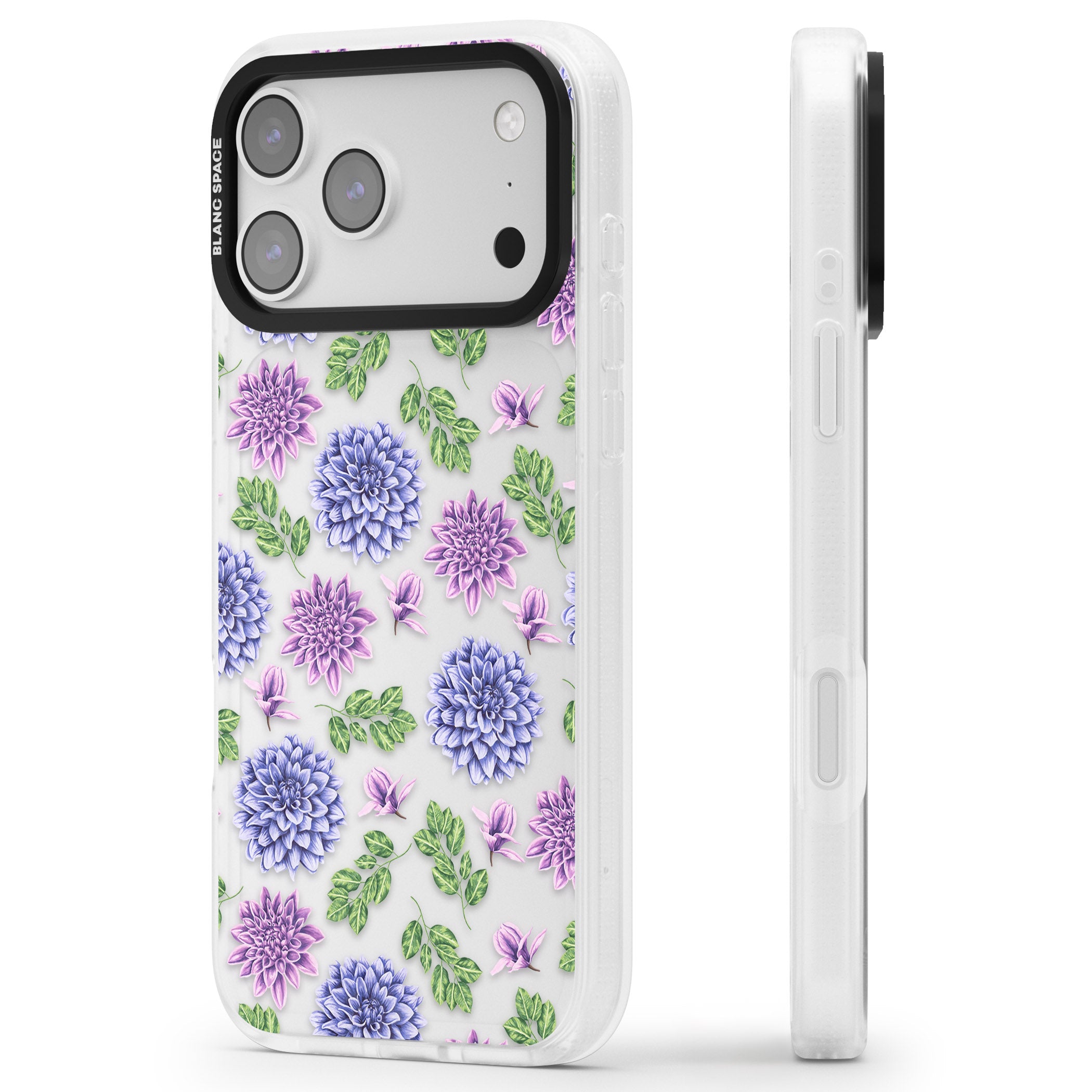 Purple Dahlias Floral iPhone 17 Pro Impact Air Clear Phone Case Side Profile