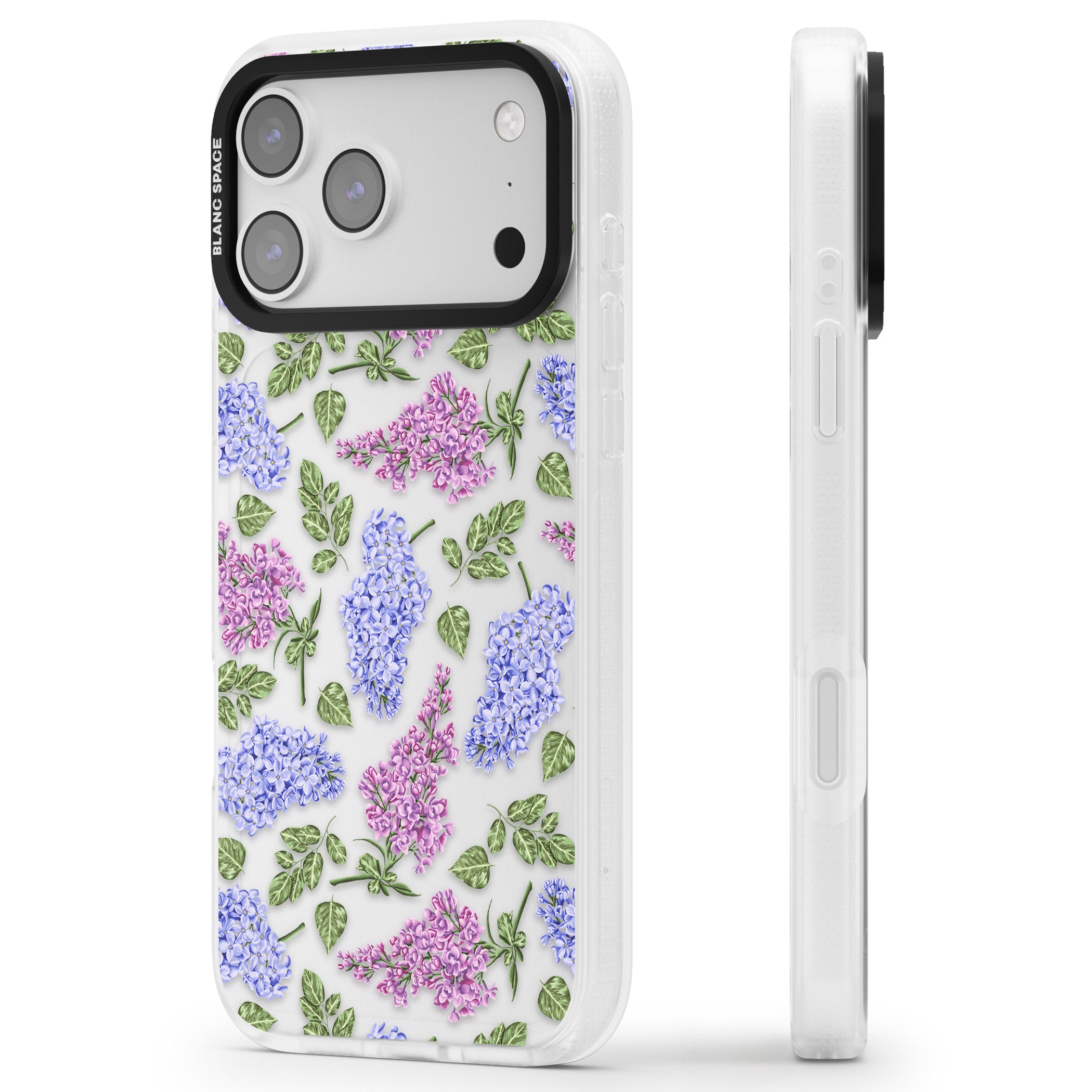 Purple Blossoms Transparent Floral iPhone 17 Pro Impact Air Clear Phone Case Side Profile