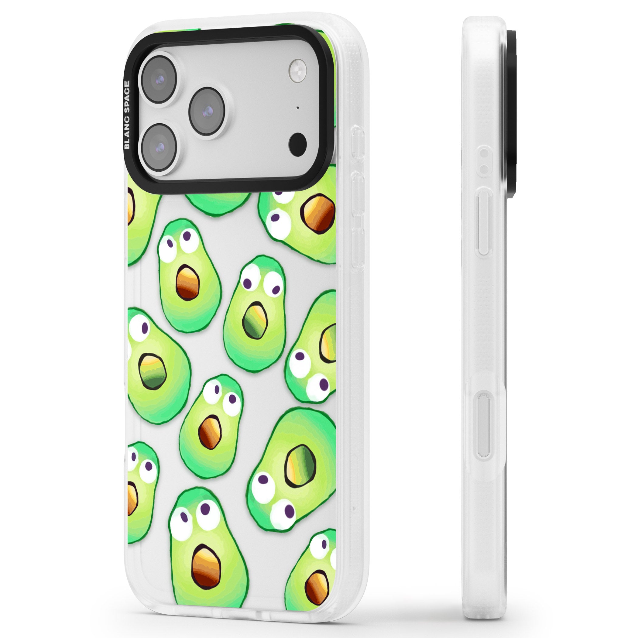 Shocked Avocados iPhone 17 Pro Impact Air Clear Phone Case Side Profile