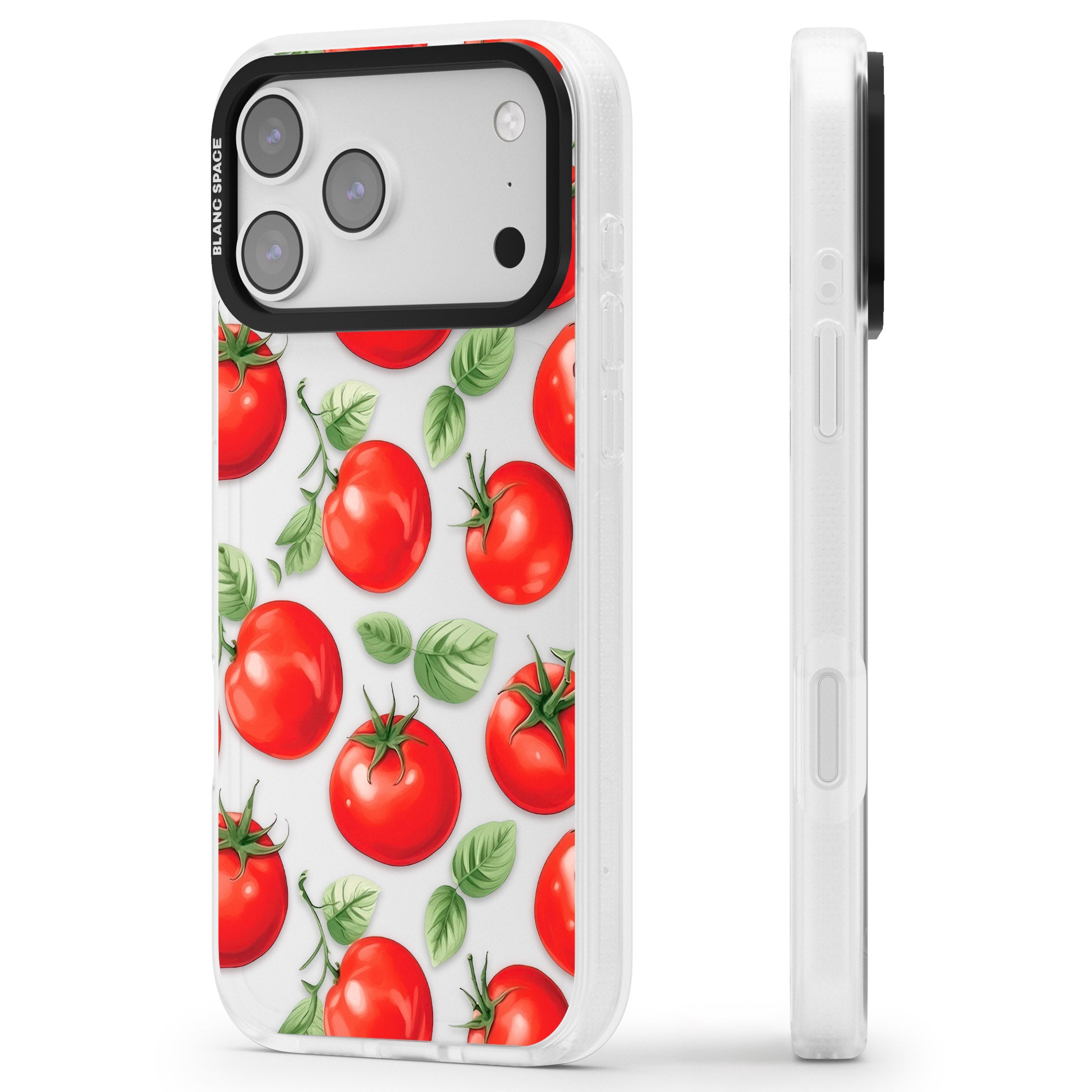 Tomato Pattern iPhone 17 Pro Impact Air Clear Phone Case Side Profile