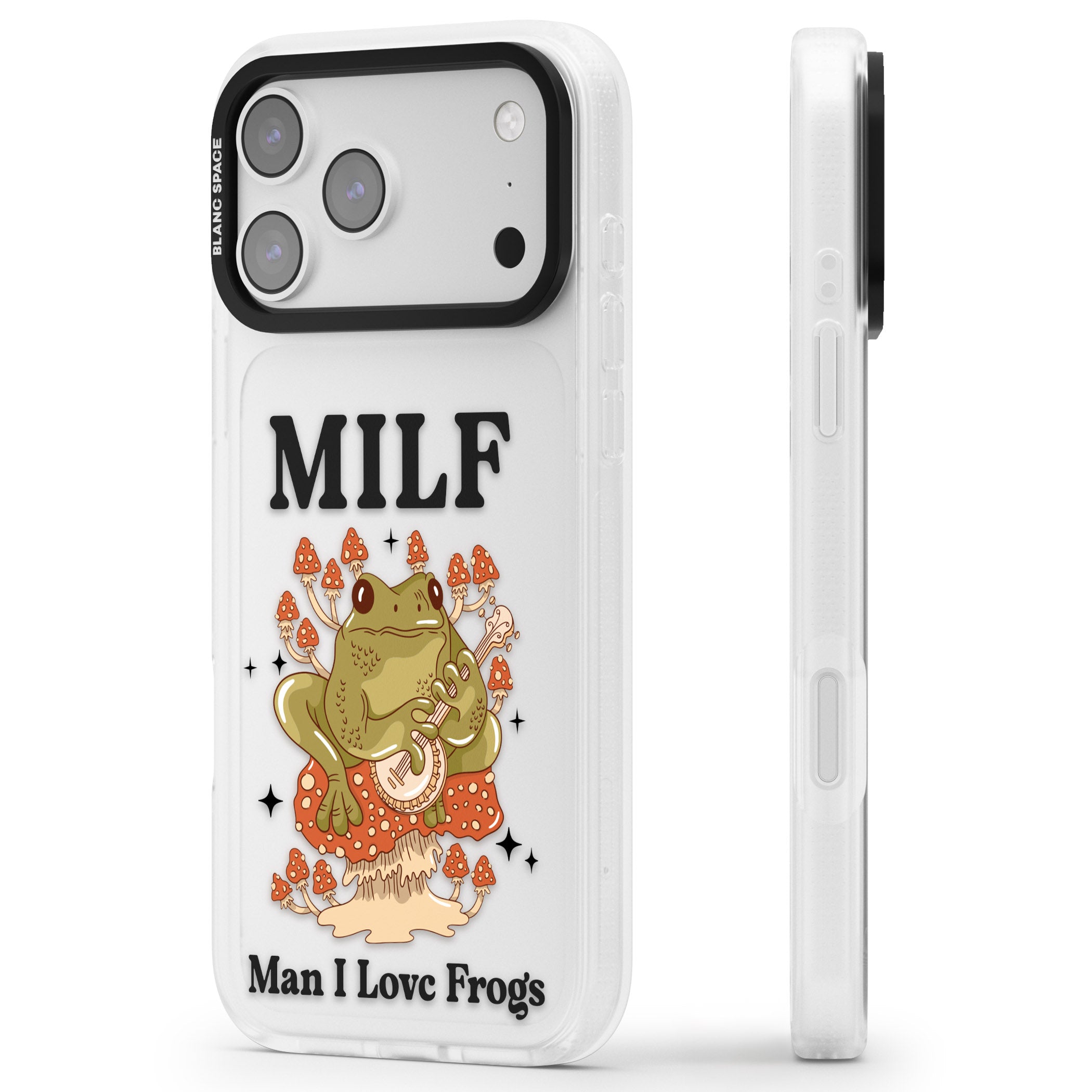 Man I Love Frogs iPhone 17 Pro Impact Air Clear Phone Case Side Profile