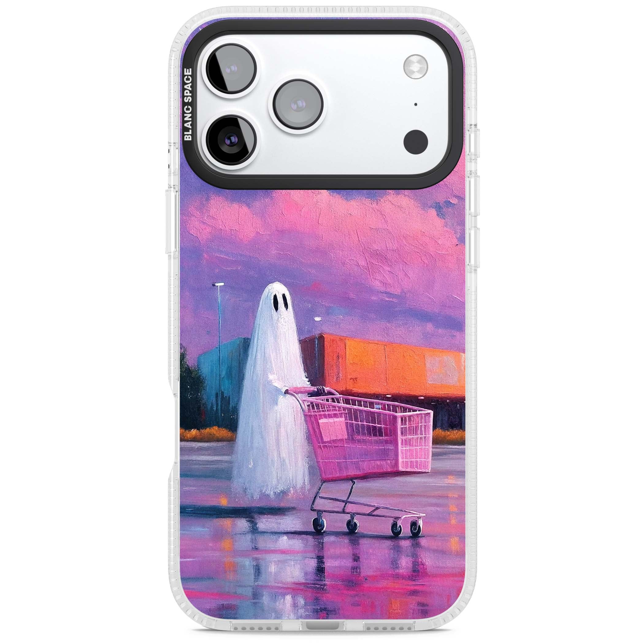 A Ghost's Errand ghost halloween iPhone case featuring a painted ghost, pink shopping trolley and purple sunset sky | Clear Case Impact Air case for iPhone 17 Pro, iPhone 17 Pro Max