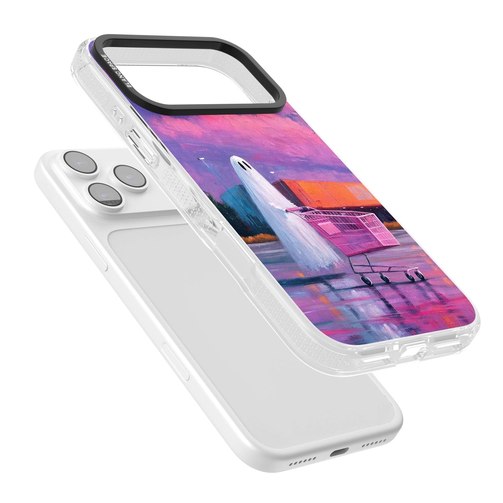 A Ghost's Errand ghost halloween iPhone case featuring a painted ghost, pink shopping trolley and purple sunset sky | Clear Case Impact Air case for iPhone 17 Pro, iPhone 17 Pro Max