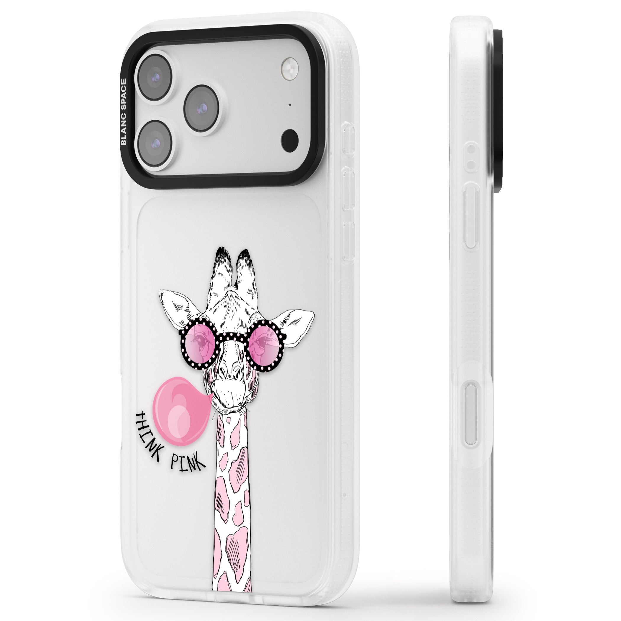 Think Pink Giraffe iPhone 17 Pro Impact Air Clear Phone Case Side Profile