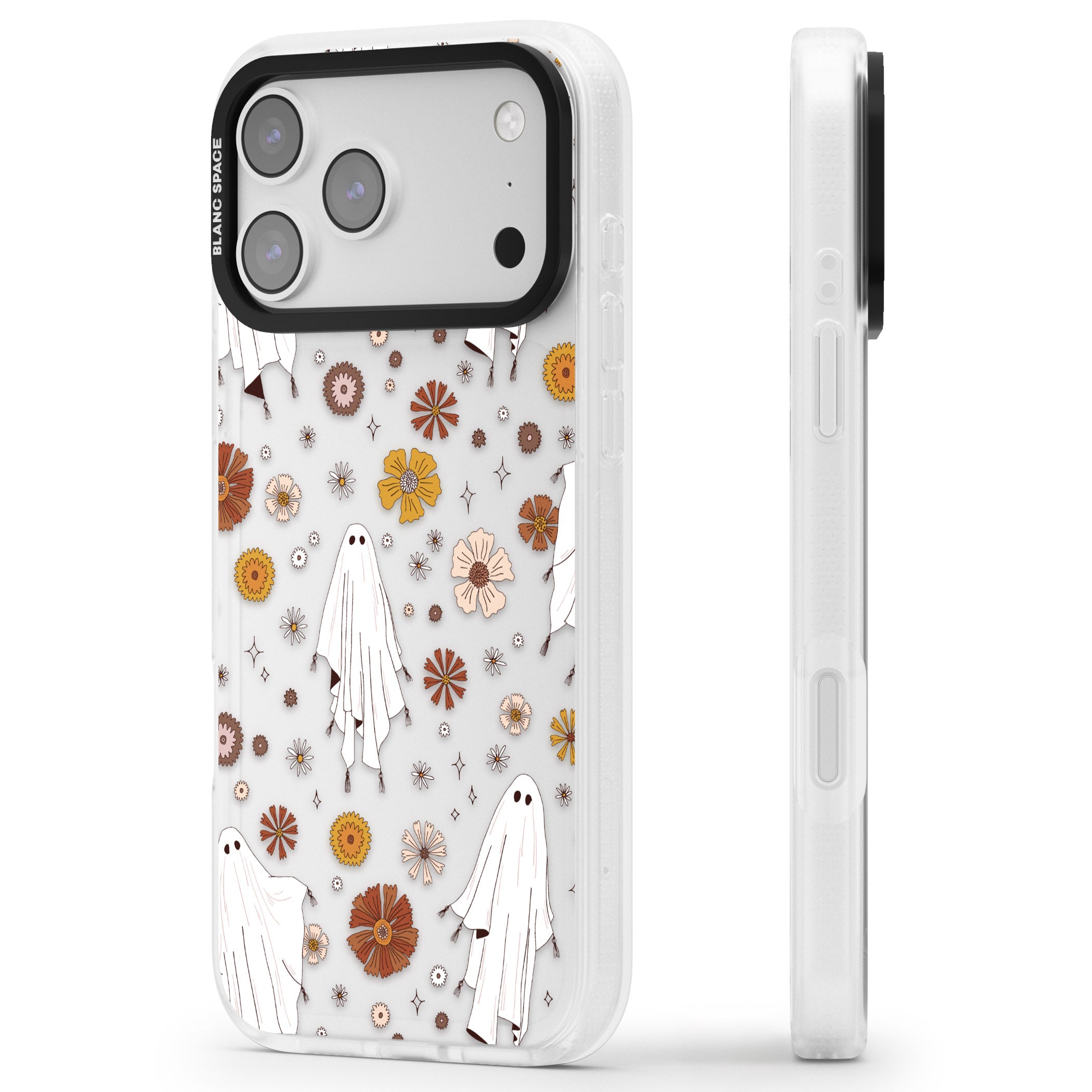 Halloween Ghosts And Flowers iPhone 17 Pro Impact Air Clear Phone Case Side Profile