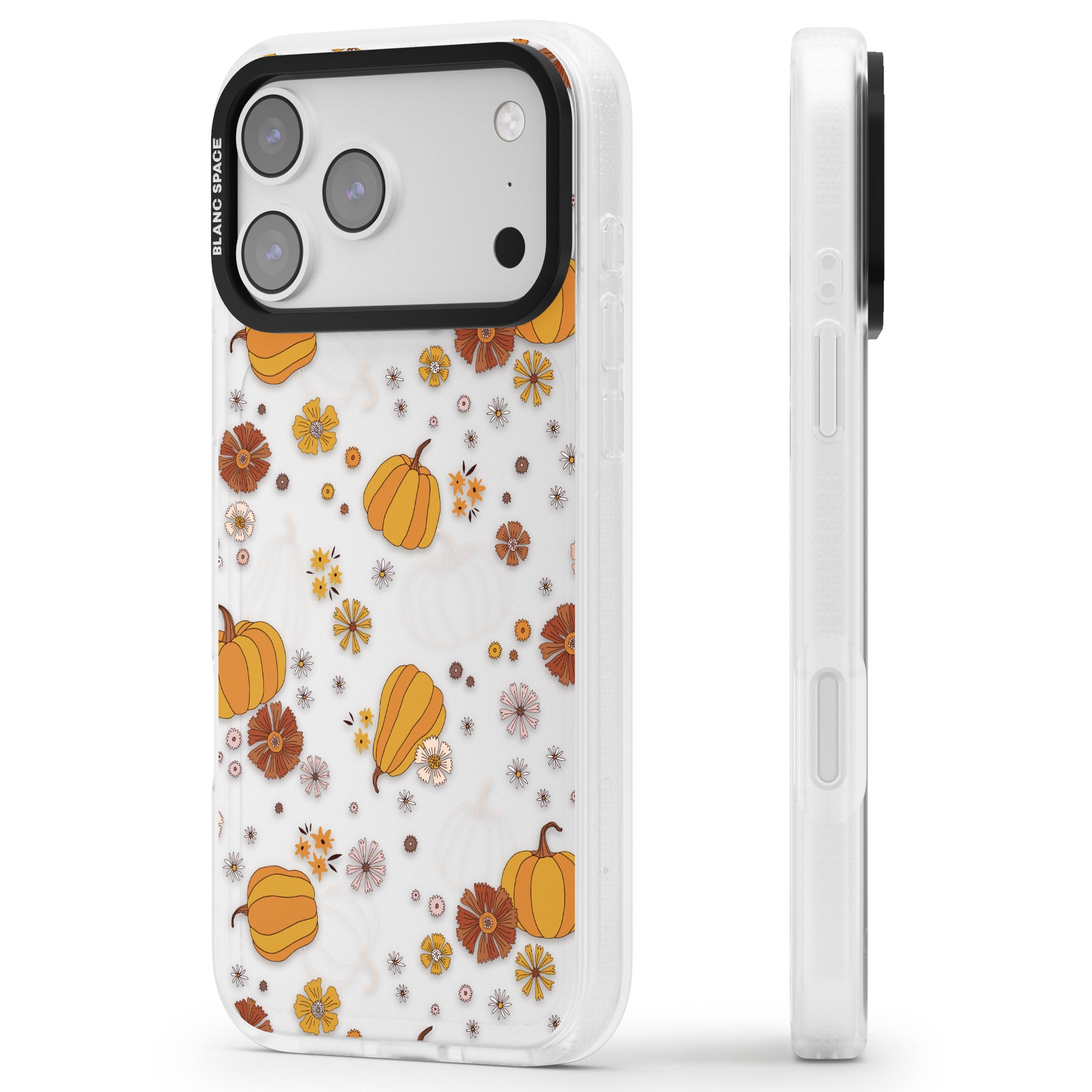 Halloween Pumpkins And Flowers iPhone 17 Pro Impact Air Clear Phone Case Side Profile