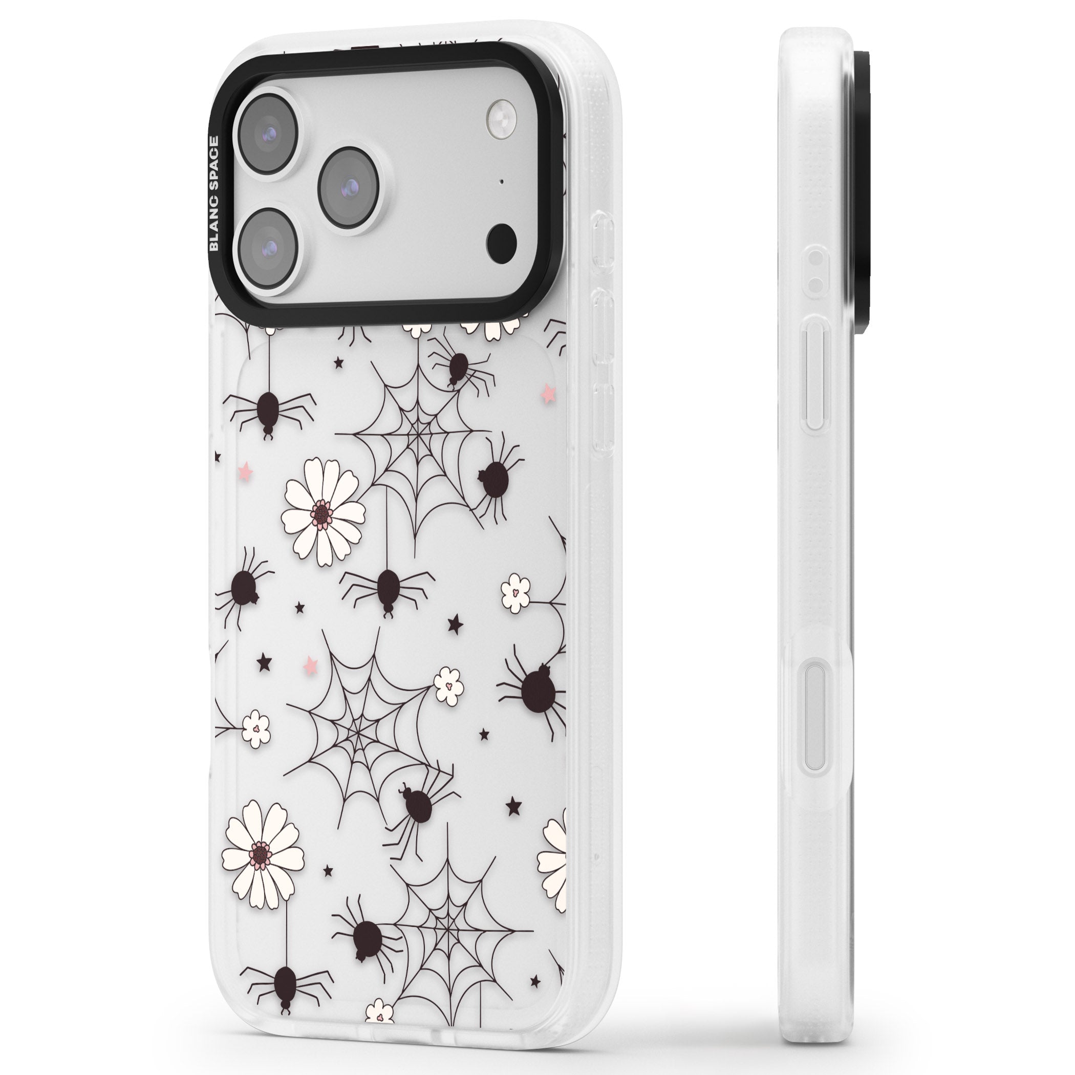 Spiders And Flowers Pattern iPhone 17 Pro Impact Air Clear Phone Case Side Profile