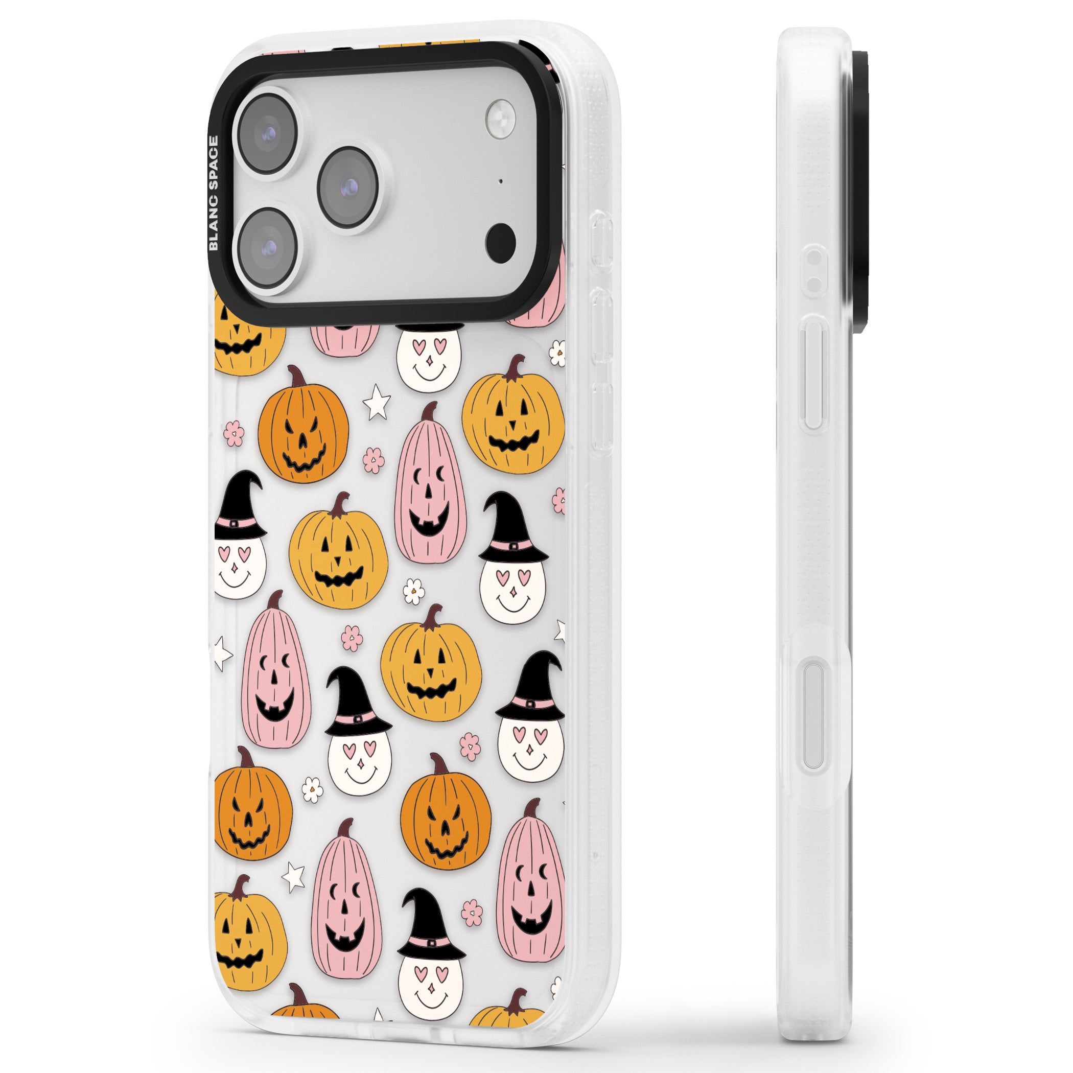 Witches And Pumpkins Pattern iPhone 17 Pro Impact Air Clear Phone Case Side Profile