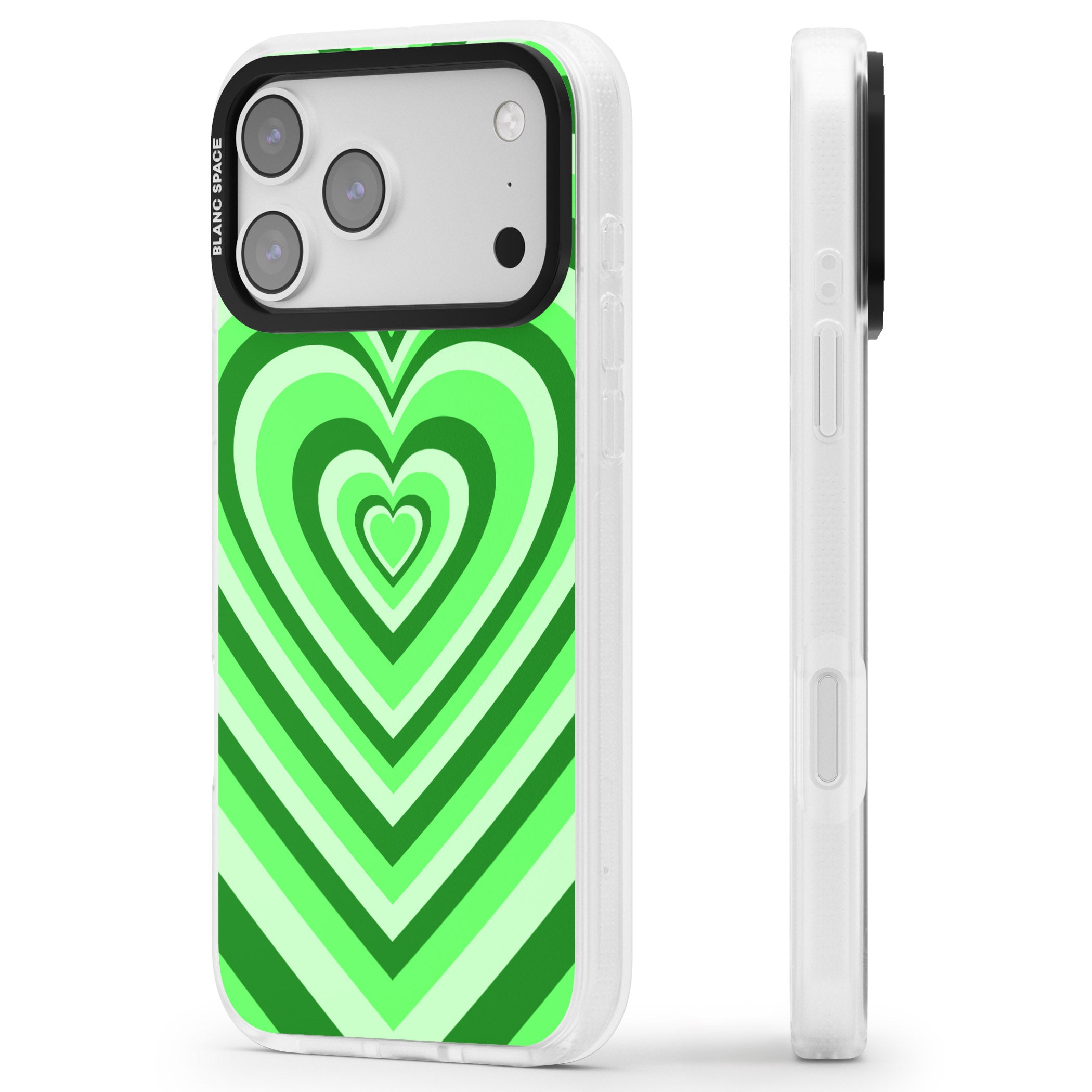 Green Heart Illusion iPhone 17 Pro Impact Air Clear Phone Case Side Profile