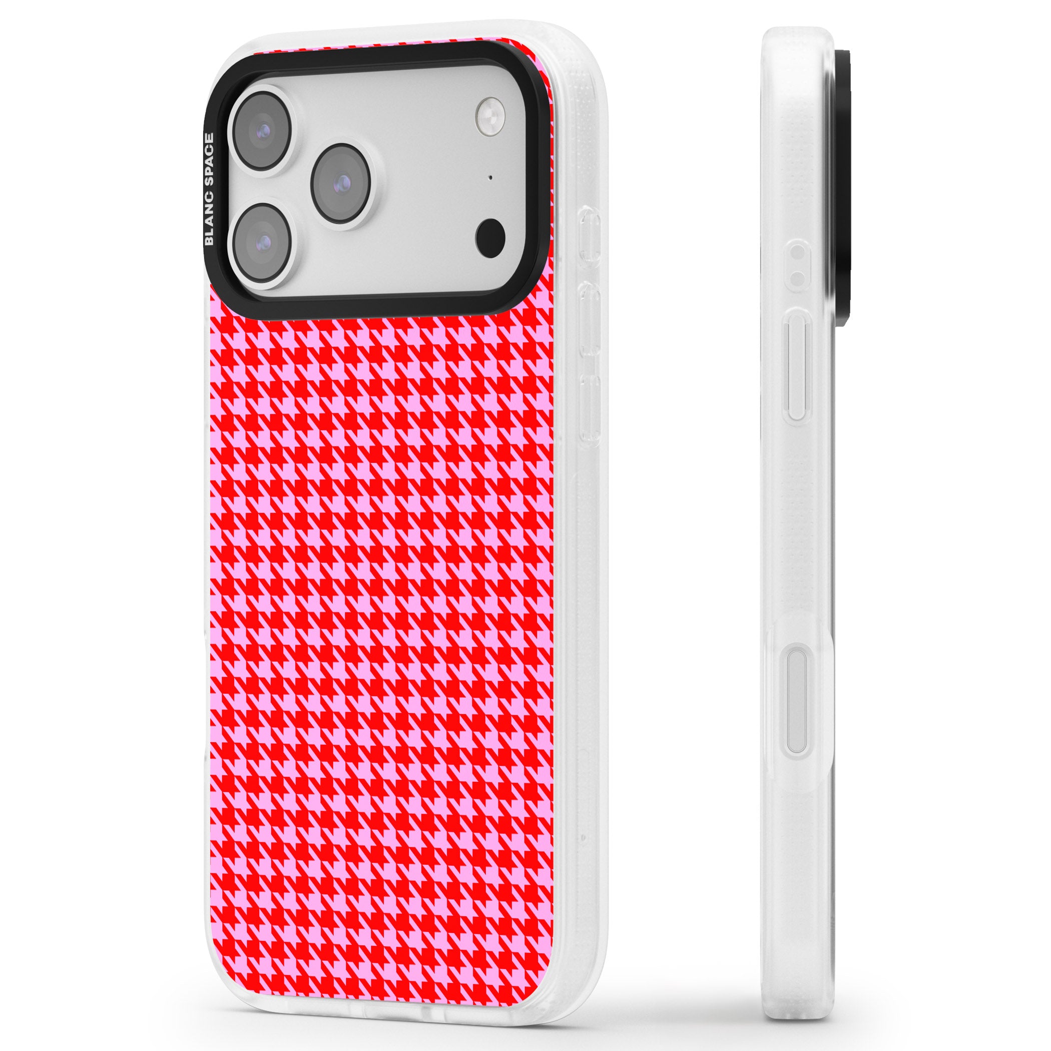 Neon Pink & Red Houndstooth iPhone 17 Pro Impact Air Clear Phone Case Side Profile