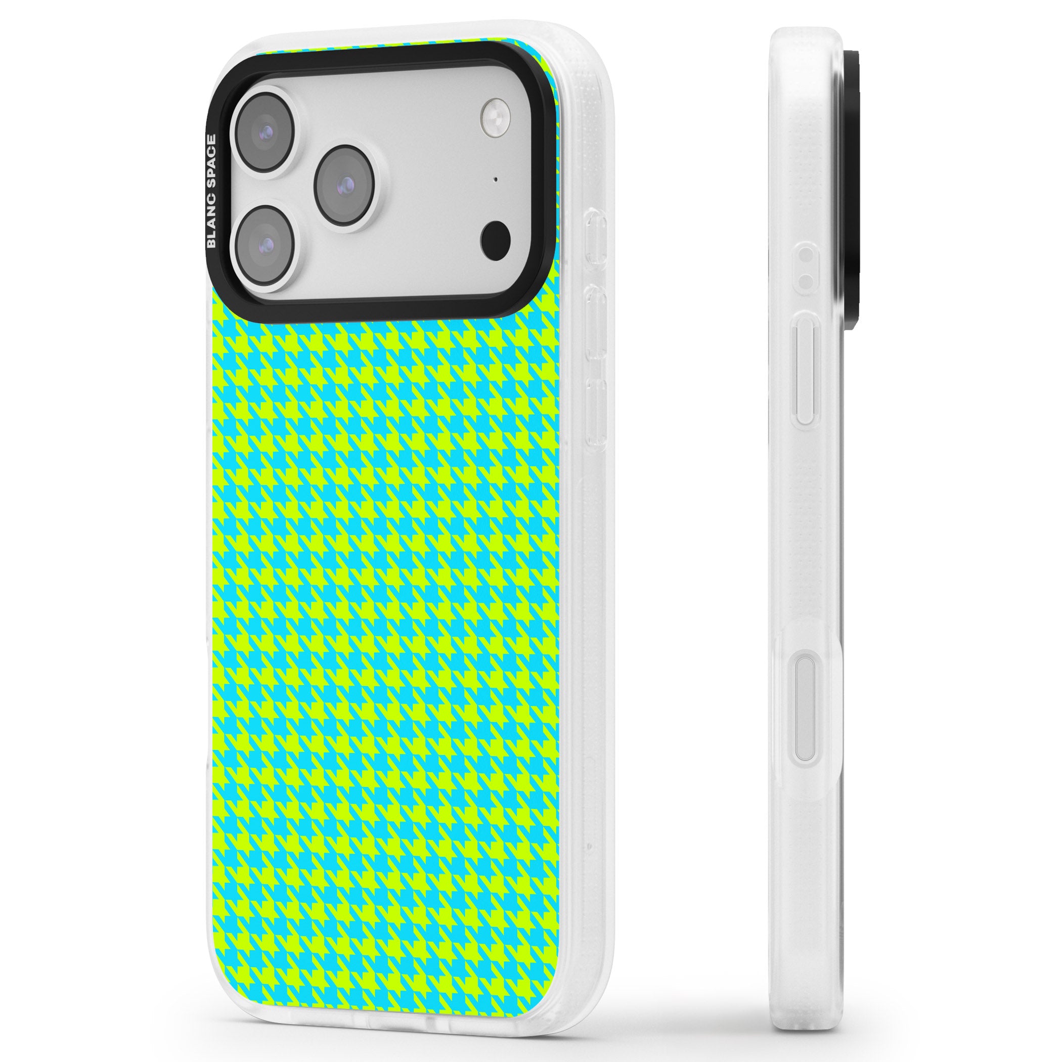 Neon Lime & Turquoise Houndstooth iPhone 17 Pro Impact Air Clear Phone Case Side Profile