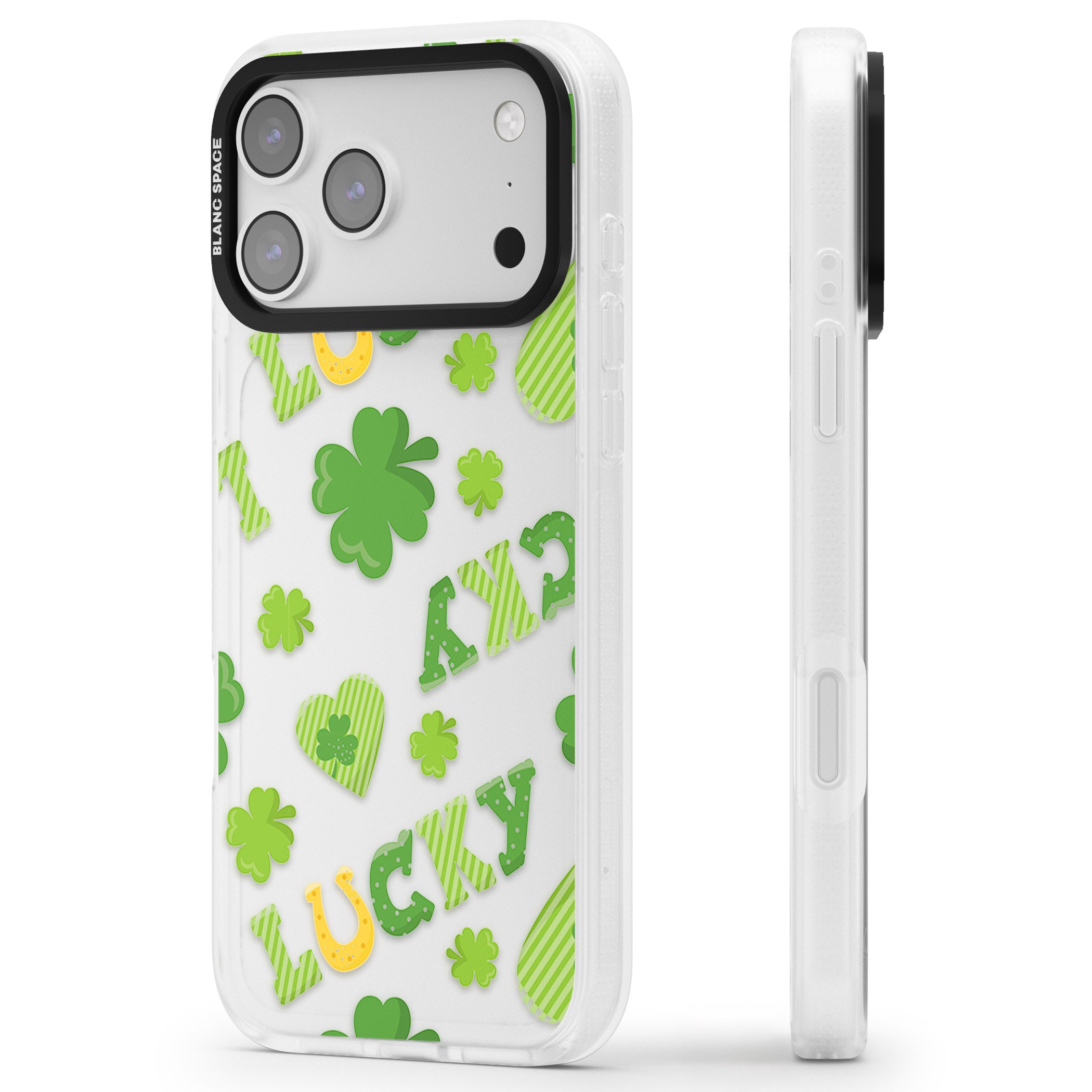 Lucky Irish Clover iPhone 17 Pro Impact Air Clear Phone Case Side Profile