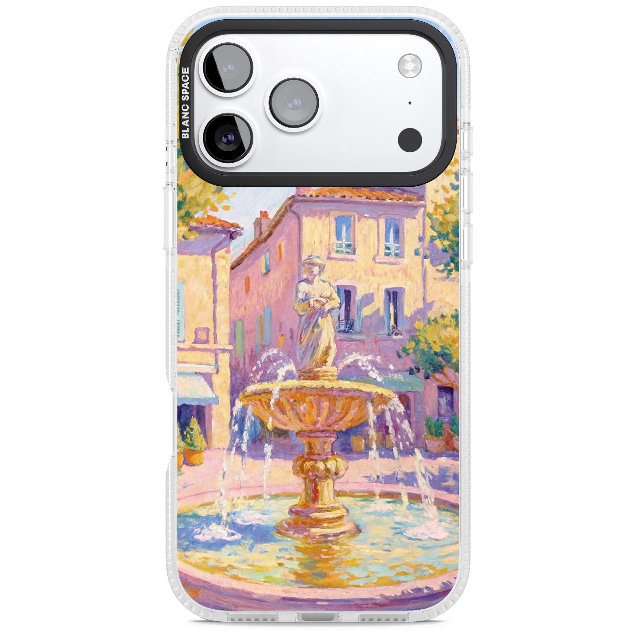 Fountain Square fine art iPhone case featuring an impressionist Provençal fountain, pastel village buildings and summe | Clear Case Impact Air case for iPhone 17 Pro, iPhone 17 Pro Max